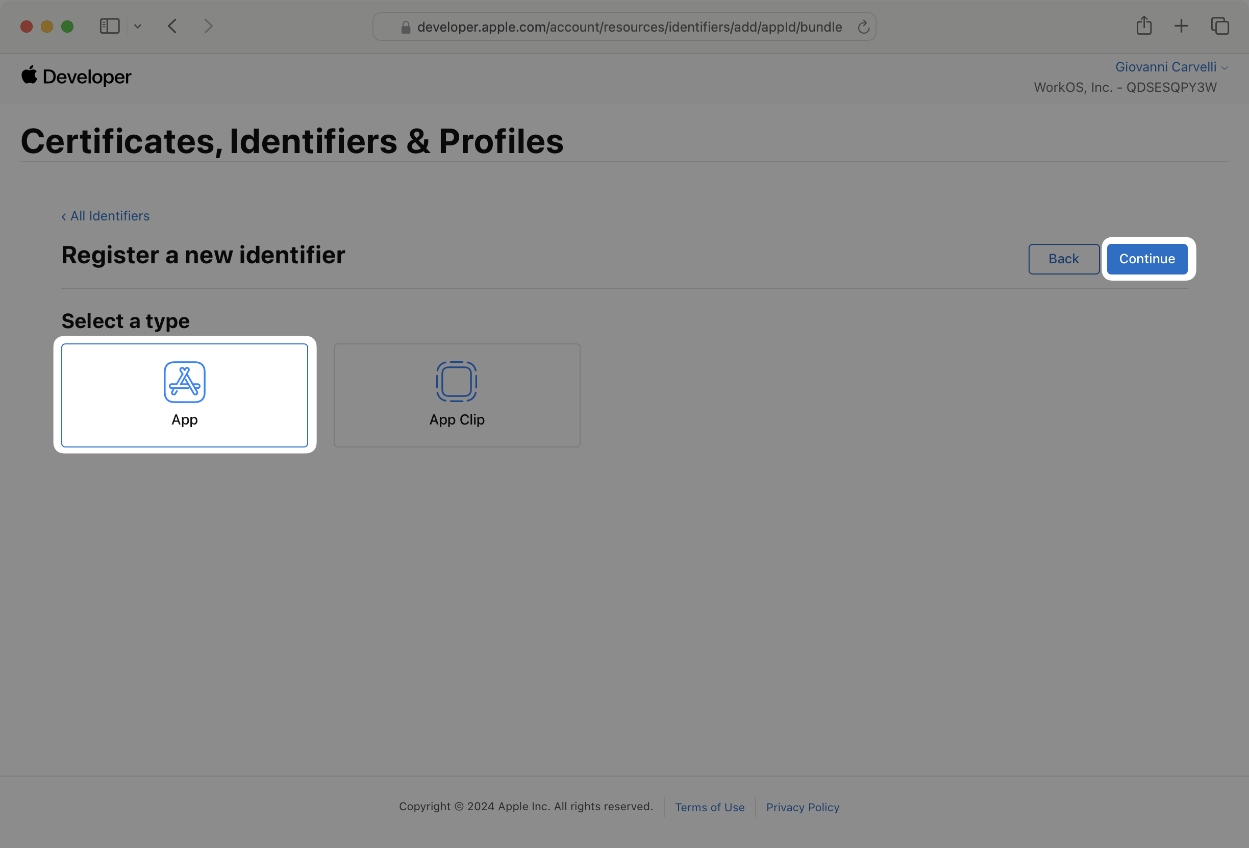 A screenshot showing the second step in the Identifier creation wizard. App is selected.