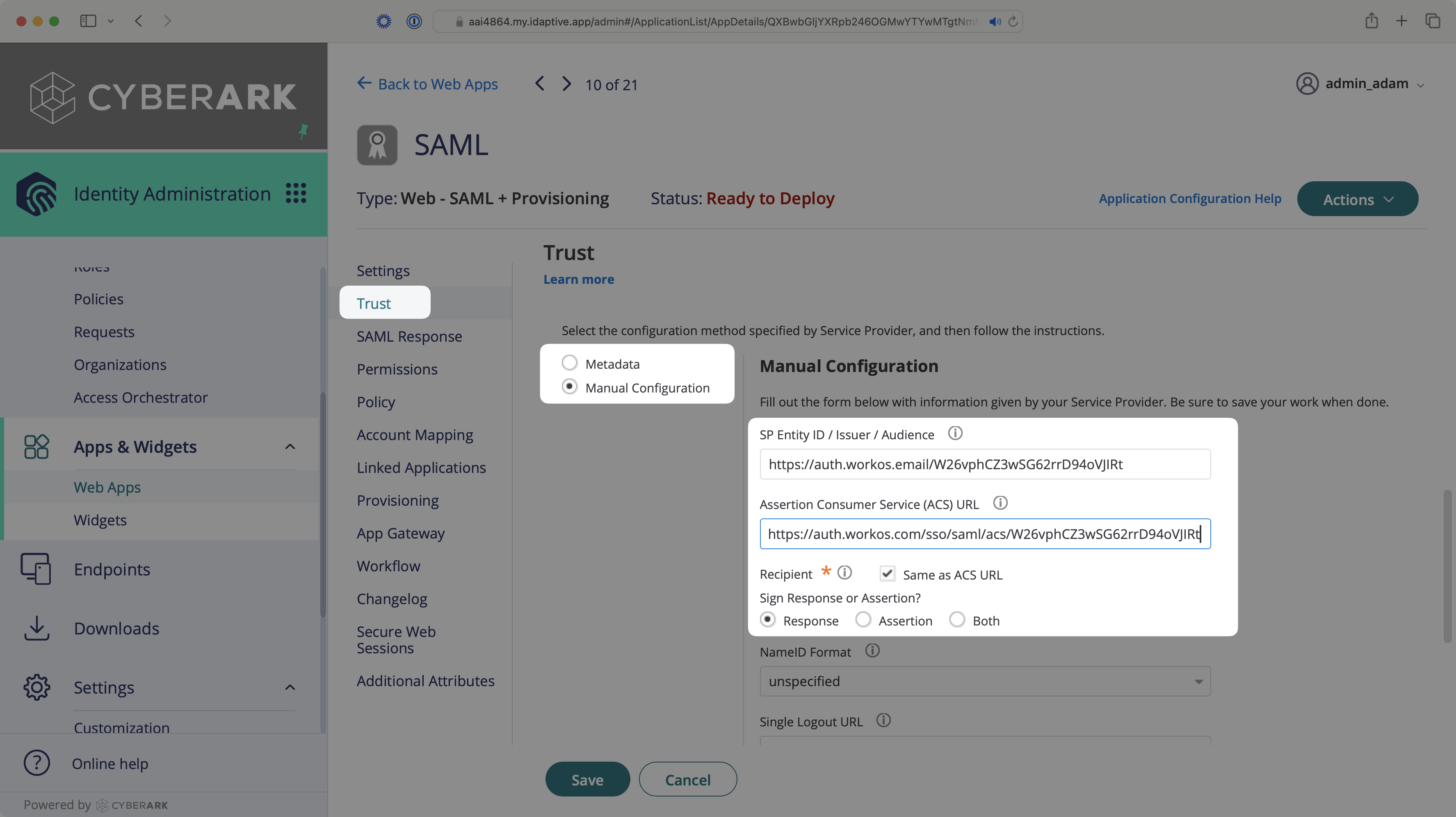 A screenshot showing where to input the WorkOS ACS URL and SP Entity ID in the “SP Entity ID” and "ACS URL" fields in the CyberArk dashboard.