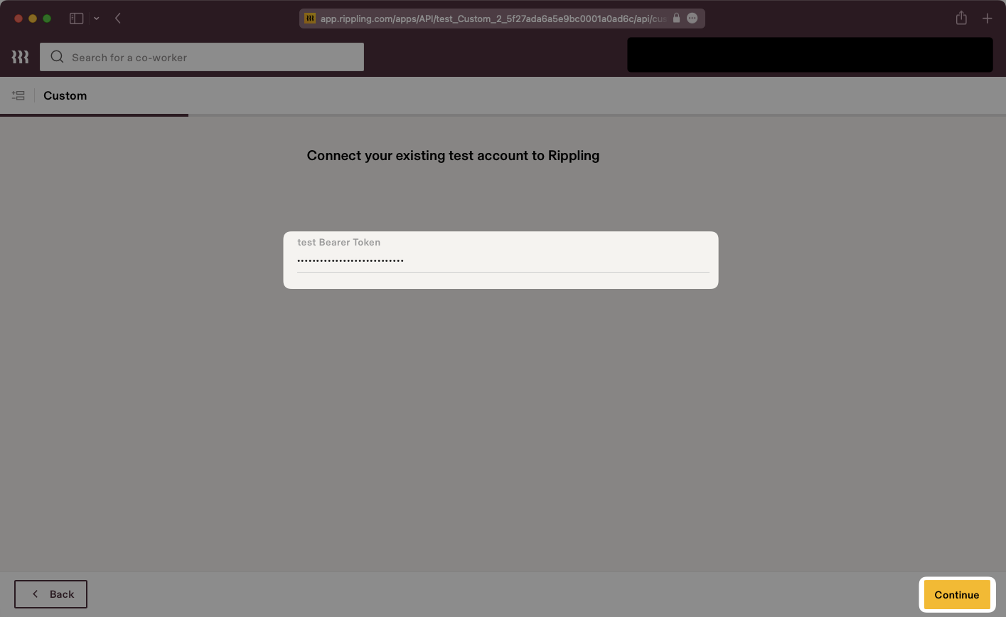 A screenshot showing where to enter the Bearer Token in Rippling.