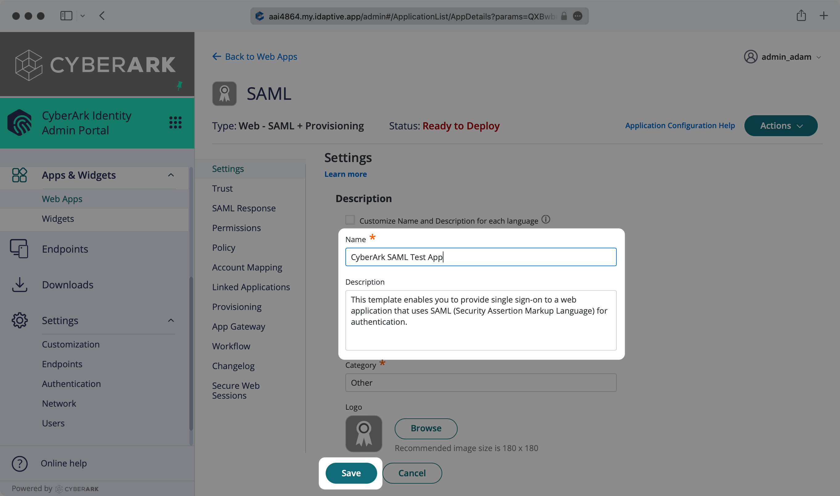 A screenshot showing how to populate the "Name" and "Description" fields in the CyberArk dashboard.