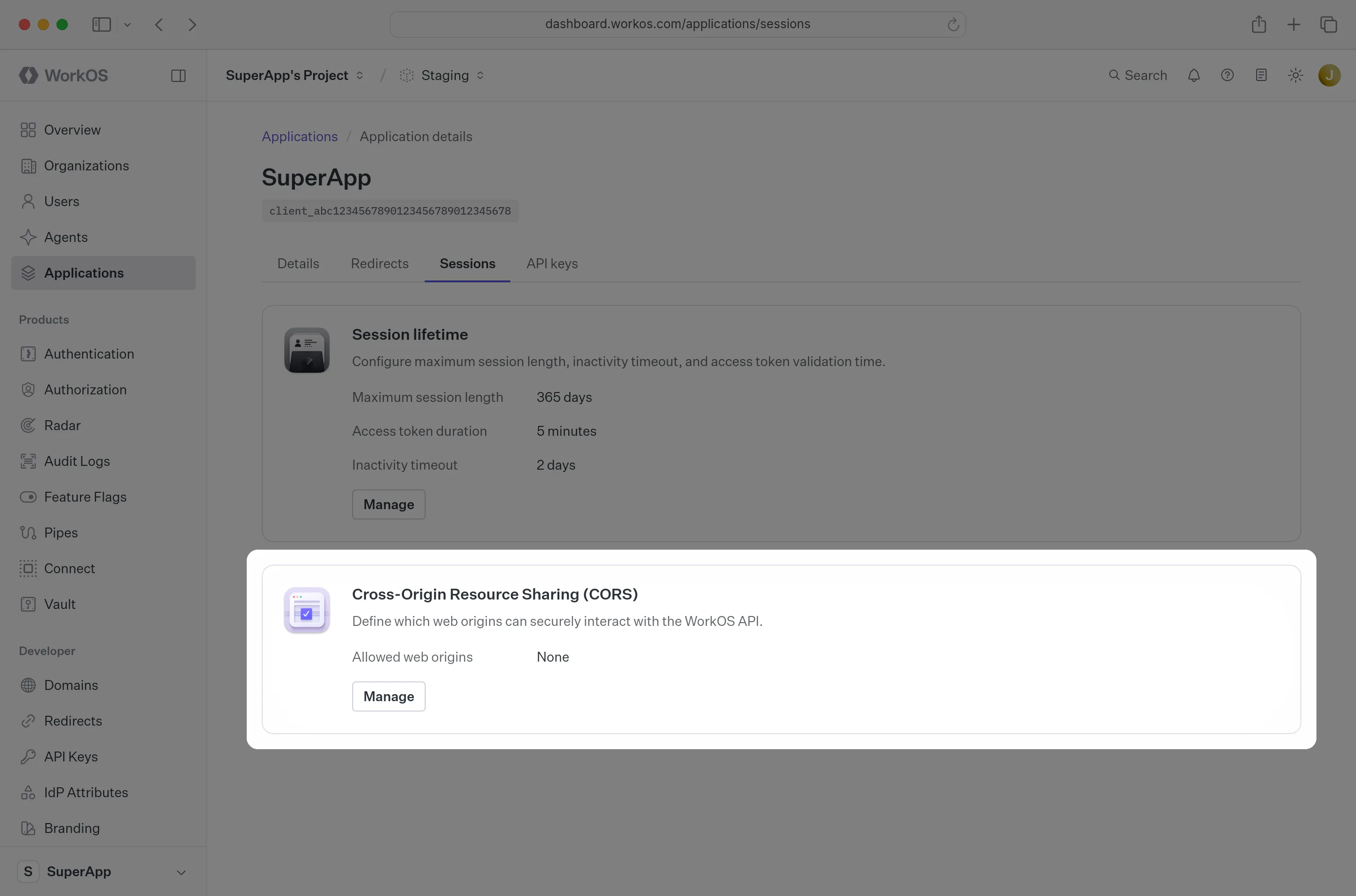 Screenshot of the WorkOS dashboard showing the “Configure CORS” option in the “Authentication” section.