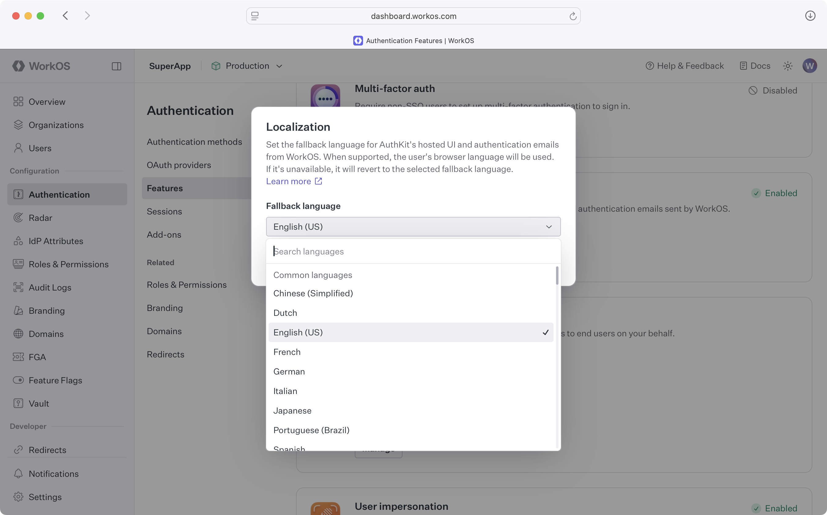 With localization, you can change the environment's fallback language