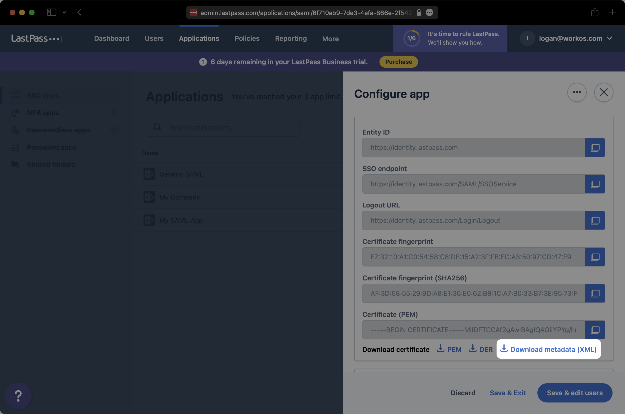 A screenshot showing where to download Metadata File in LastPass.