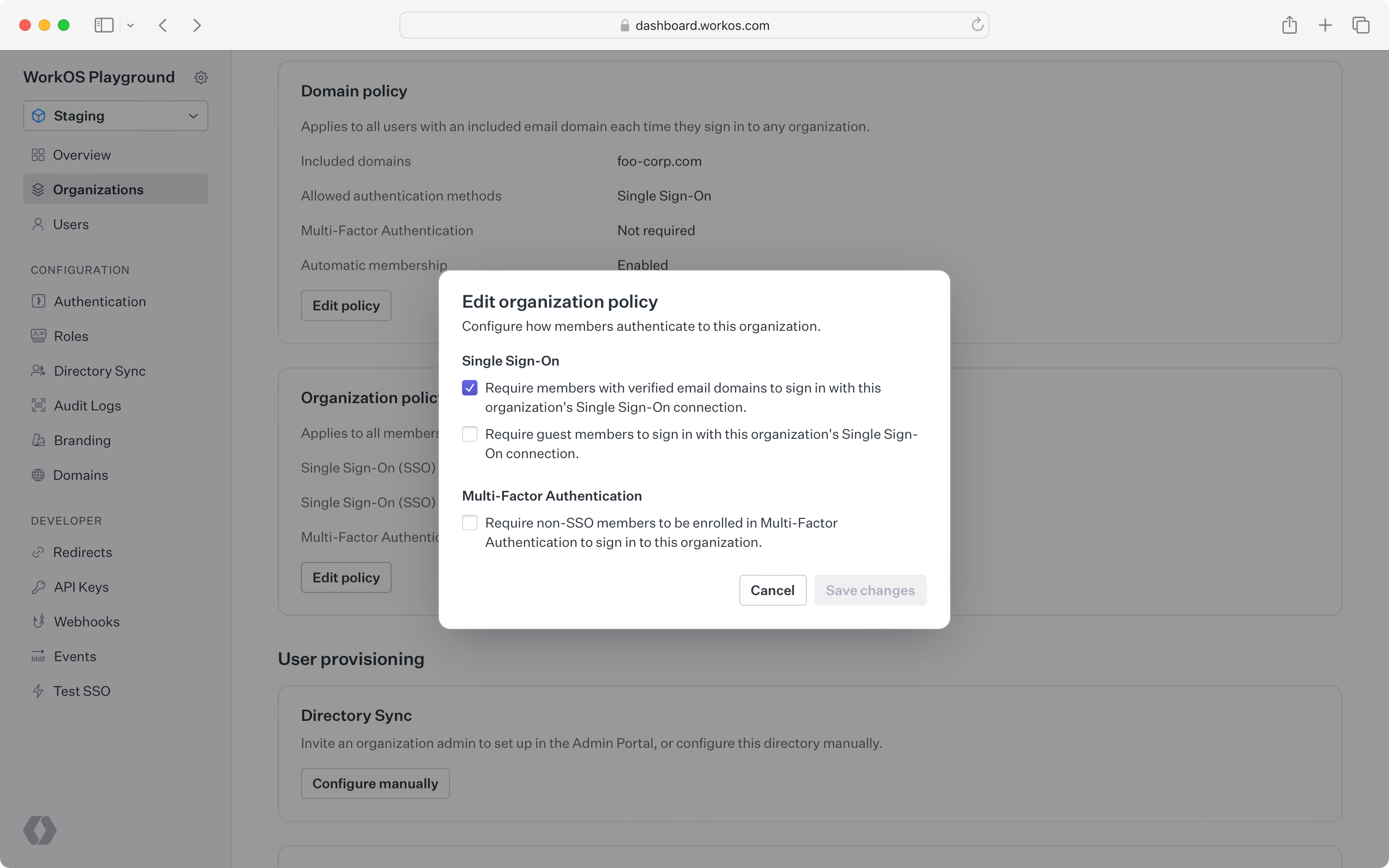 Configuring an organization policy in the dashboard