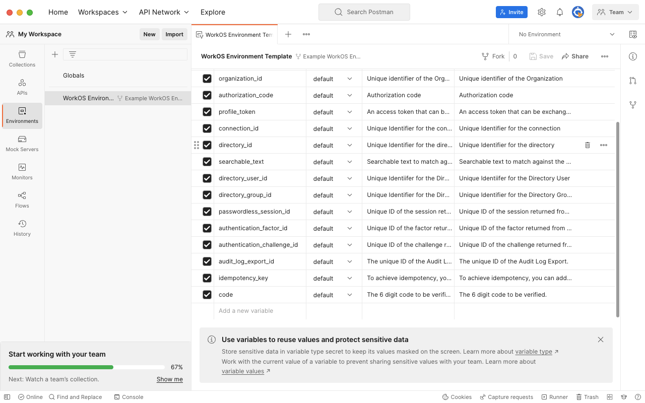 A screenshot showing the environments tab in Postman.