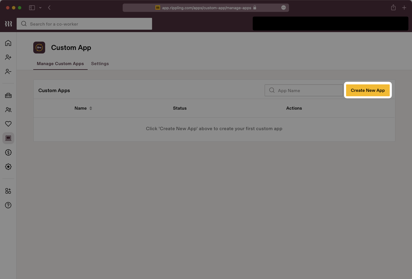A screenshot showing where to select "Create New App" in Rippling.