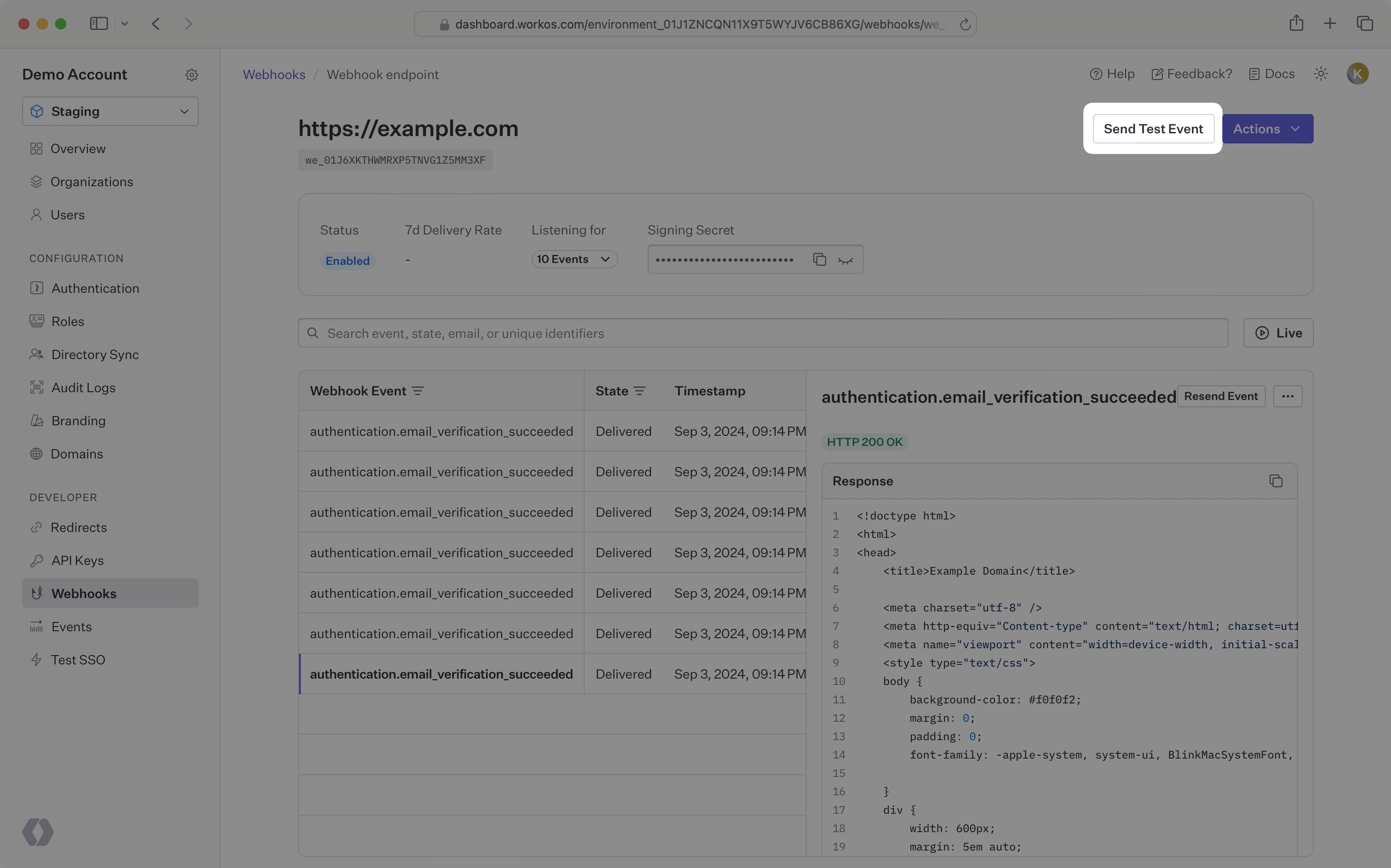 A screenshot showing how to send a test webhook in the WorkOS dashboard.