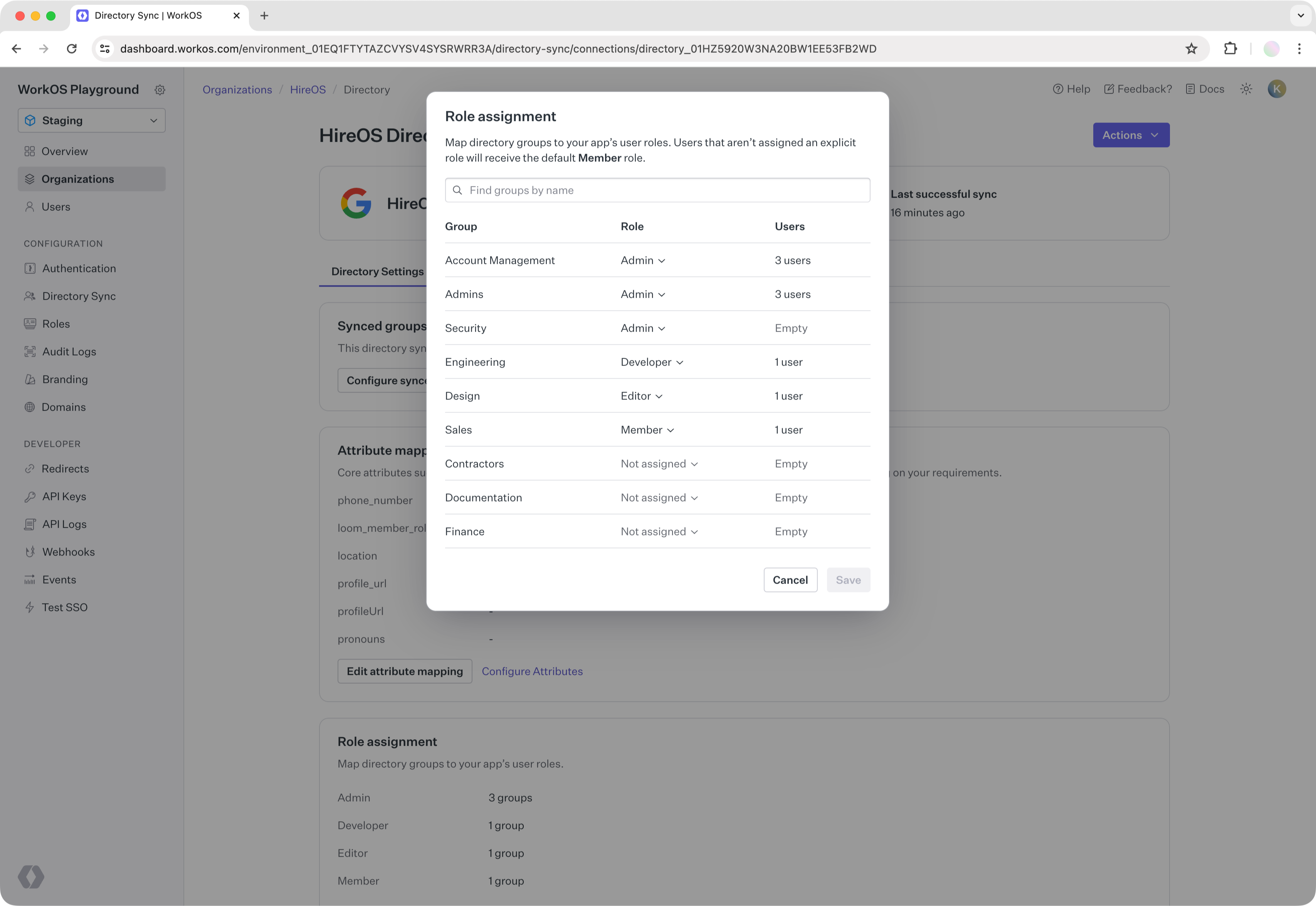 The role assignment dialog on the WorkOS dashboard