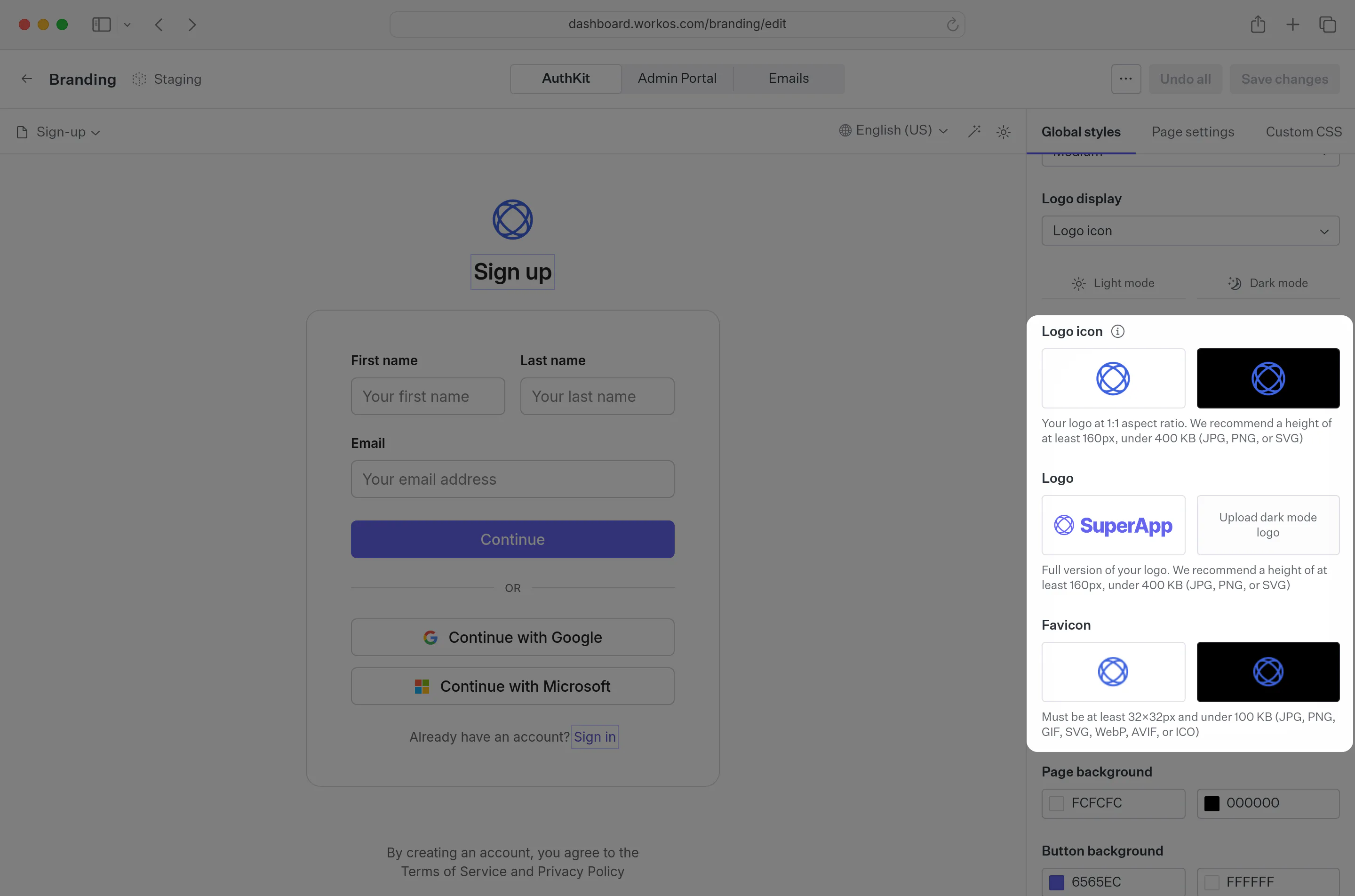 Asset options highlighted in the brand editor