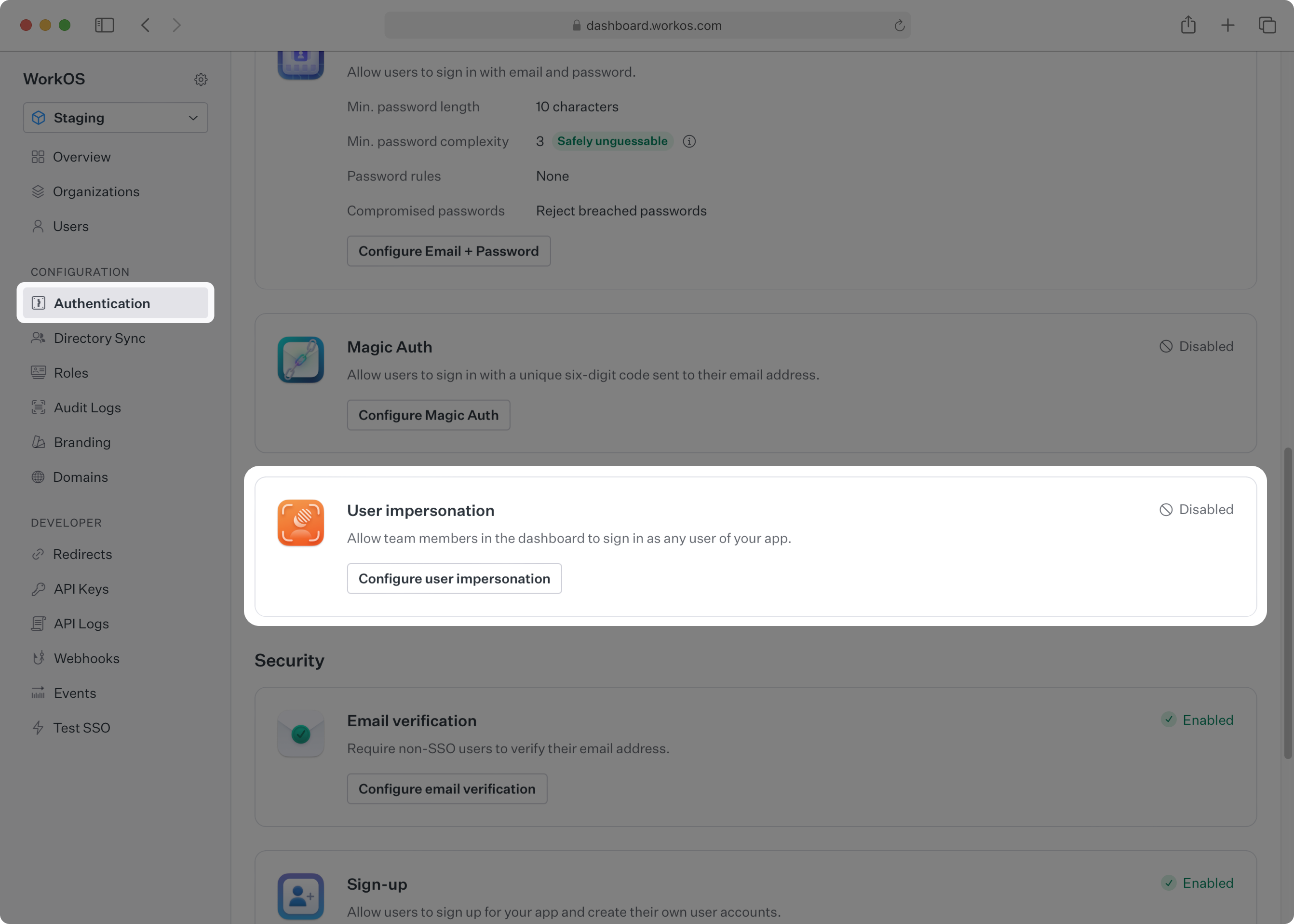 A screenshot showing the WorkOS Dashboard configuration card for impersonation