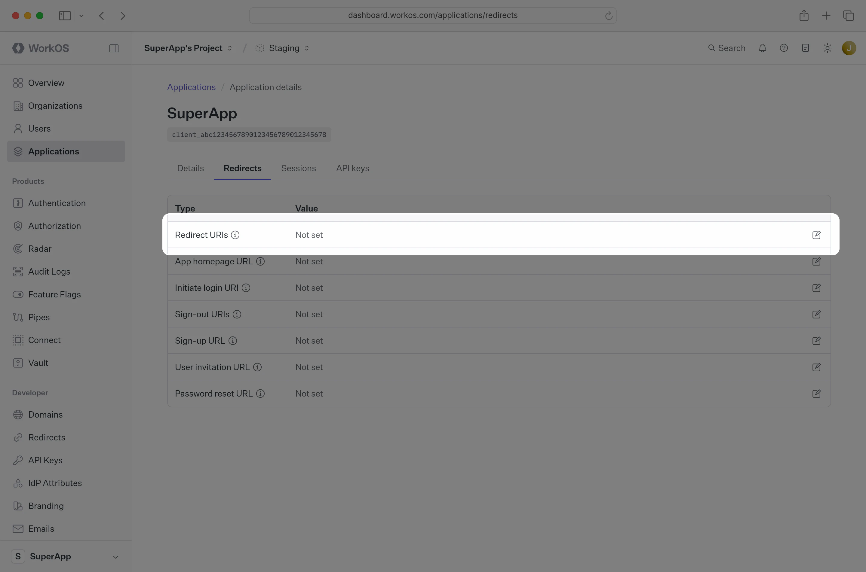 Dashboard redirect URI