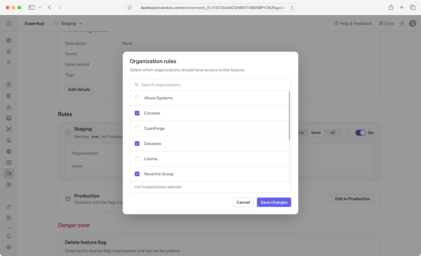 A screenshot showing the configuration of a feature flag organization rule.