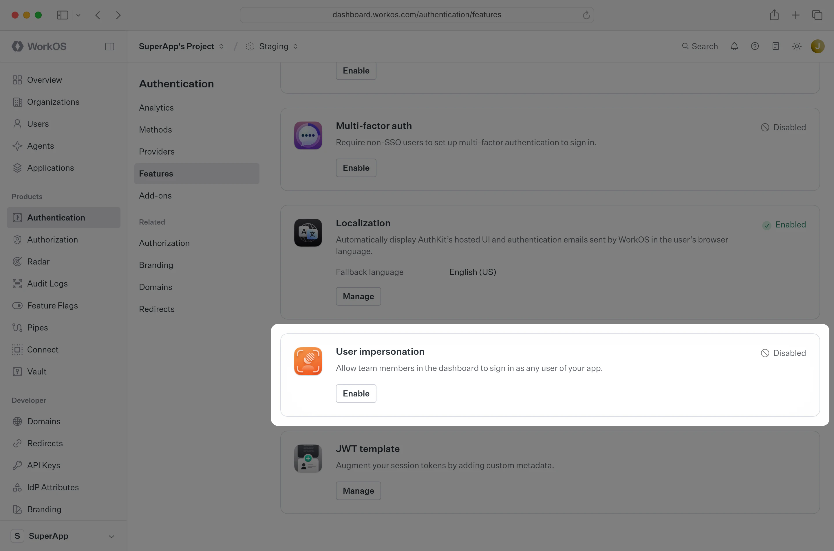 A screenshot showing the WorkOS Dashboard configuration card for impersonation