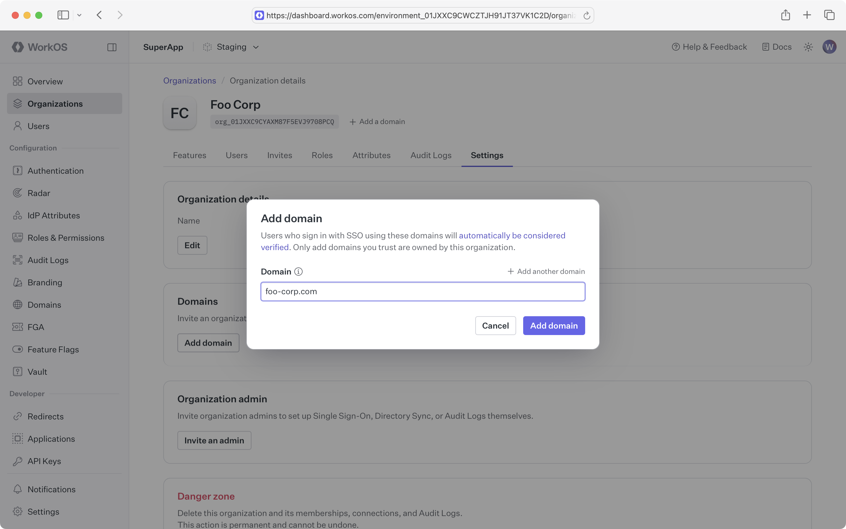 Adding a verified domain in the dashboard