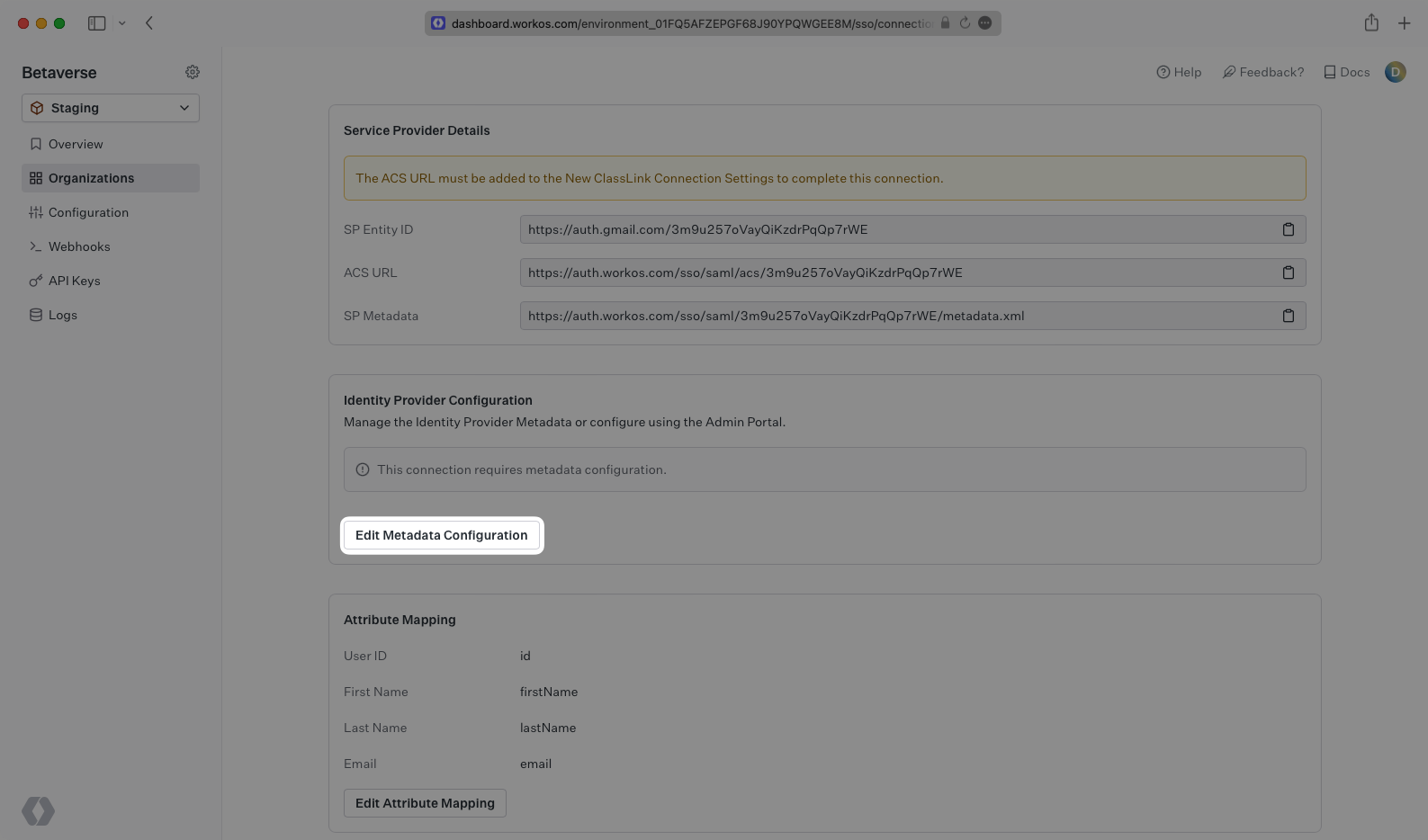 A screenshot highlighting the "Edit Metadata Configuration" button in a Connection details view in the WorkOS Dashboard.