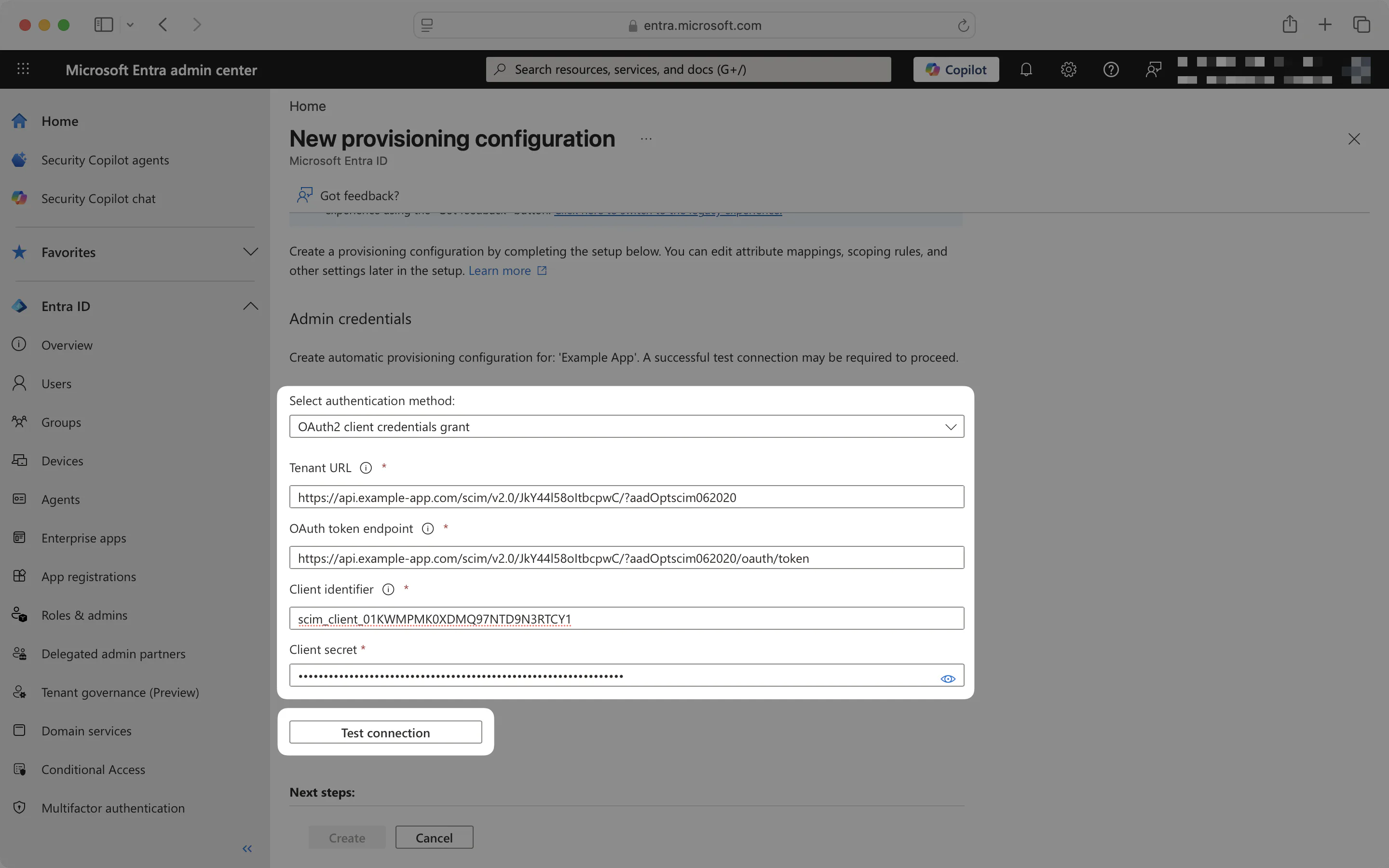 A screenshot showing the “OAuth2 client credentials grant” authentication method and its credential fields in the Microsoft Entra admin center.