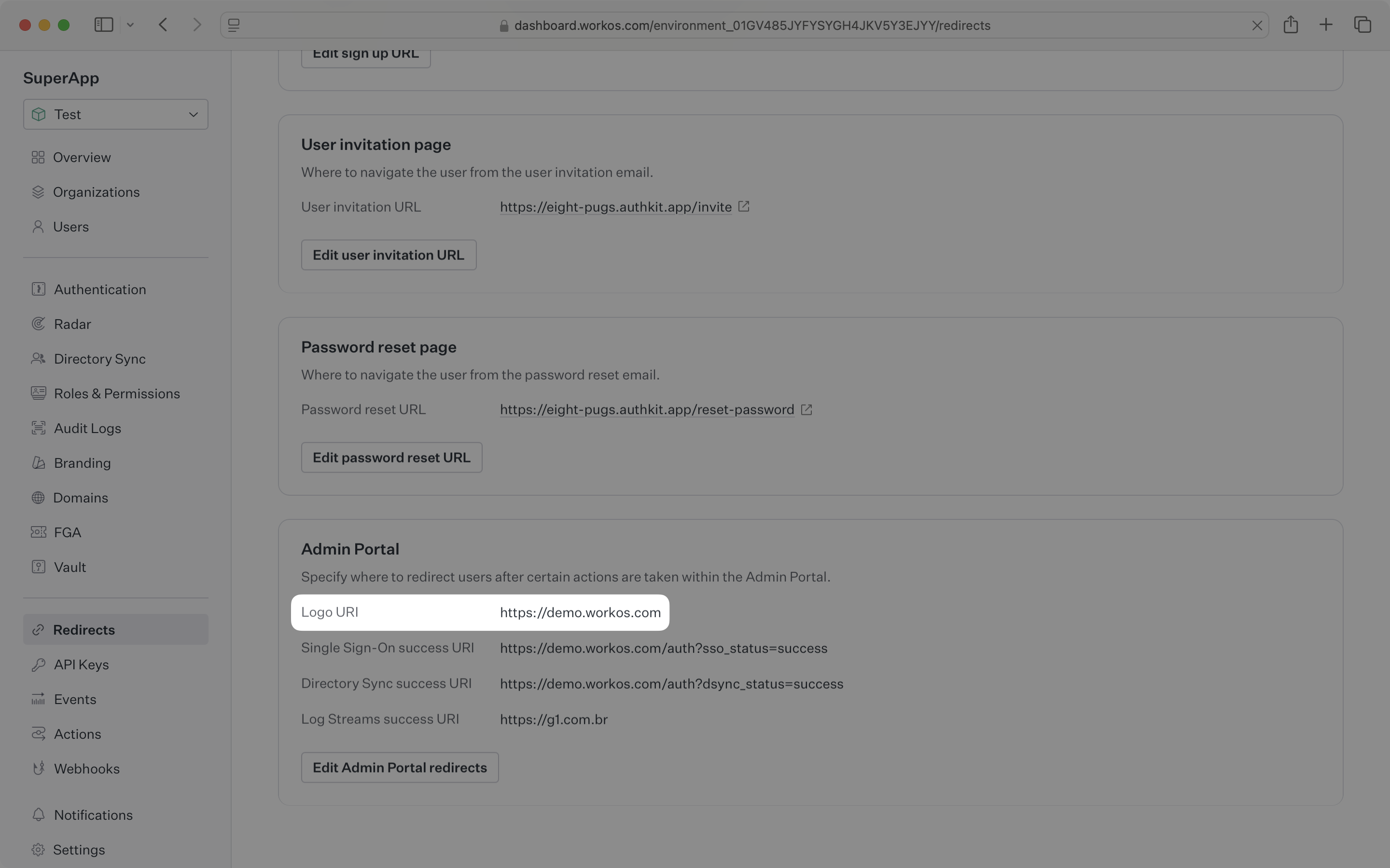 A screenshot showing the Admin Portal Redirect Links tab to set redirect URIs in the WorkOS Dashboard.
