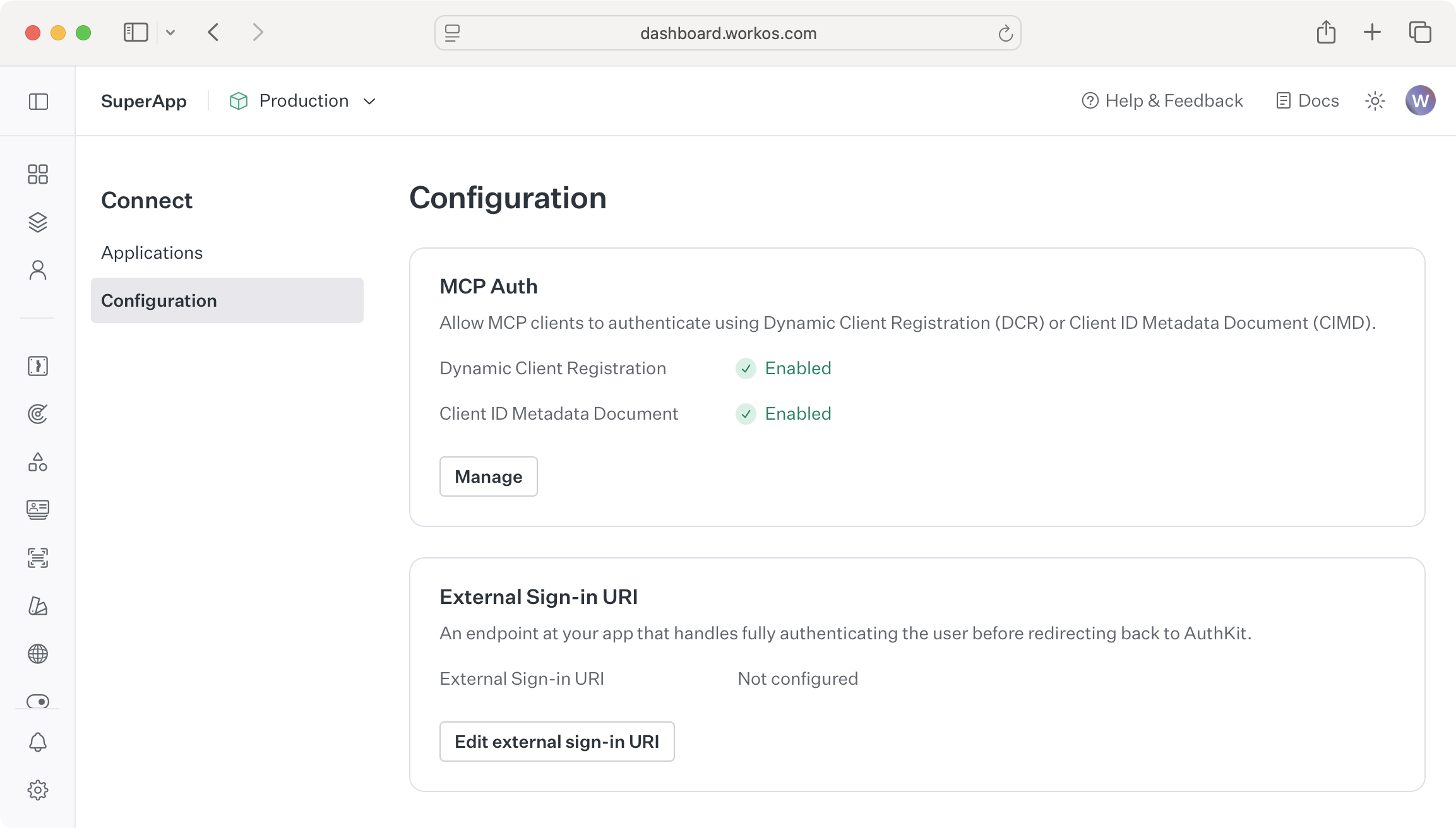 A screenshot of the Connect Configuration page in the WorkOS Dashboard.
