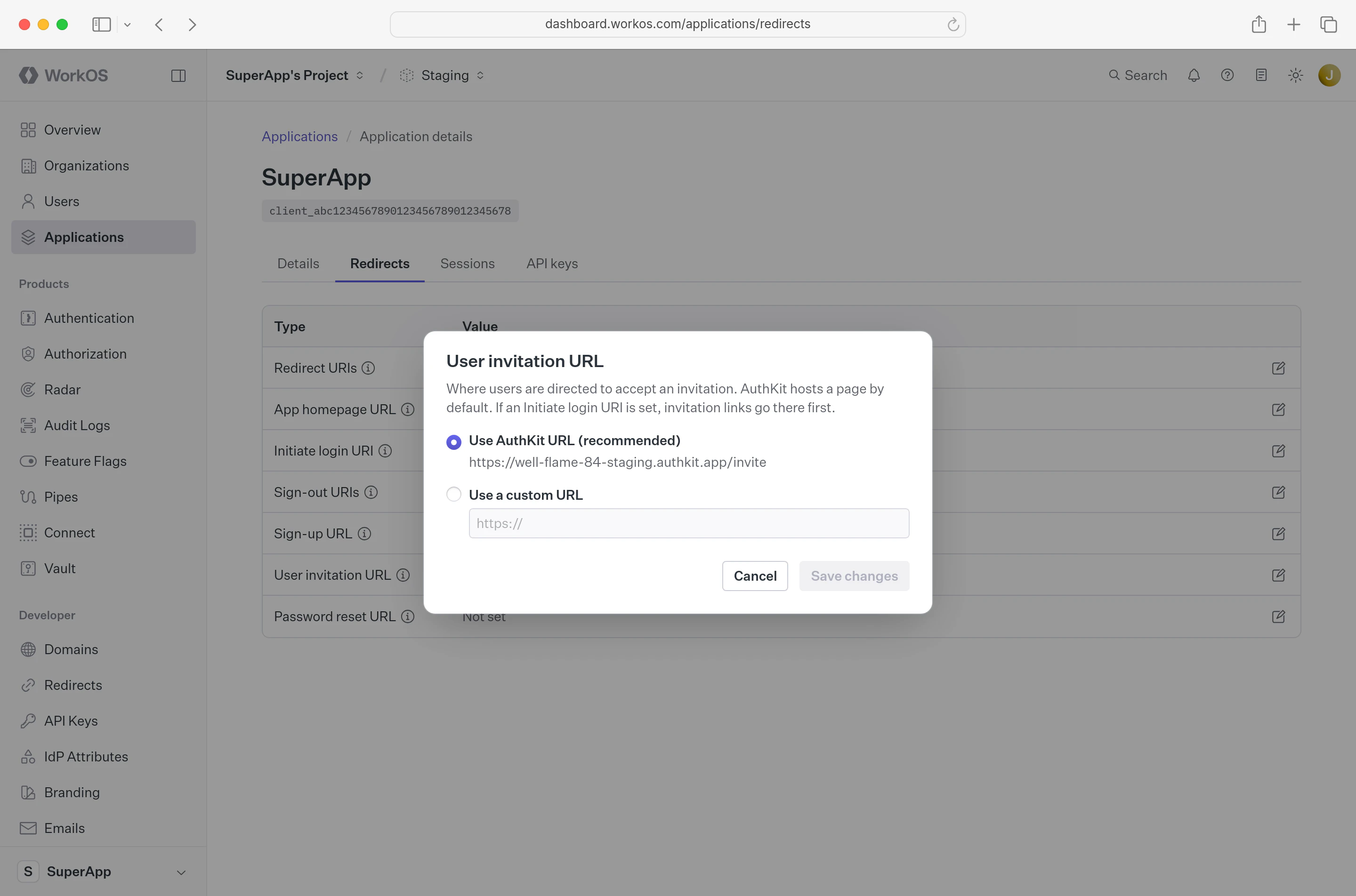 A screenshot showing the WorkOS Dashboard configuration card for user invitation URL