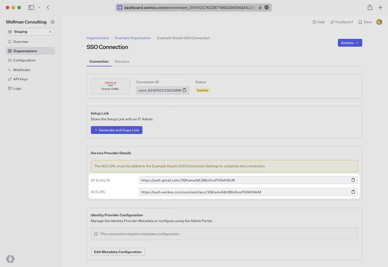 A screenshot showing where to obtain the SP Entity ID and ACS URL in the WorkOS Dashboard.