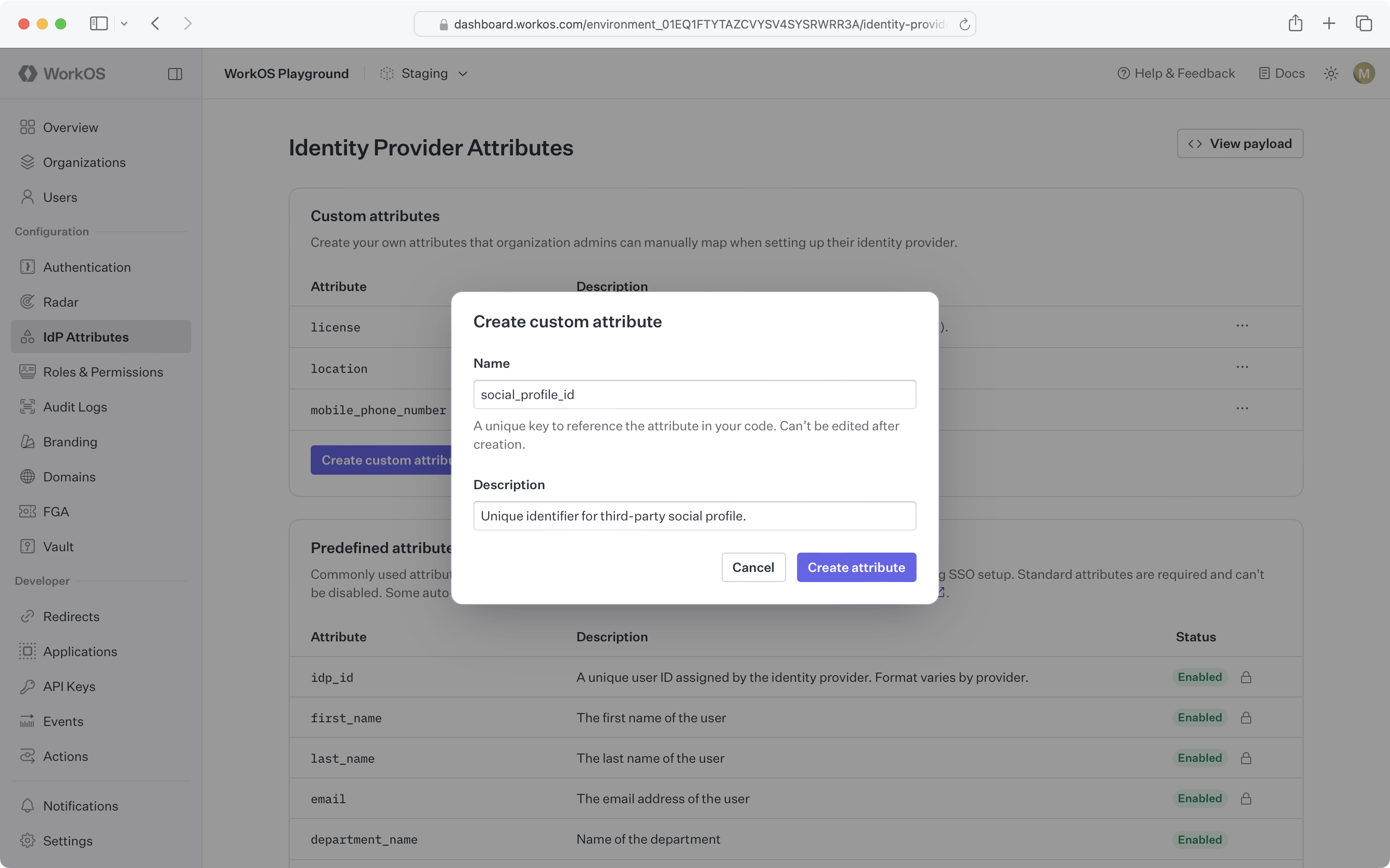 WorkOS Dashboard UI showing custom attribute creation