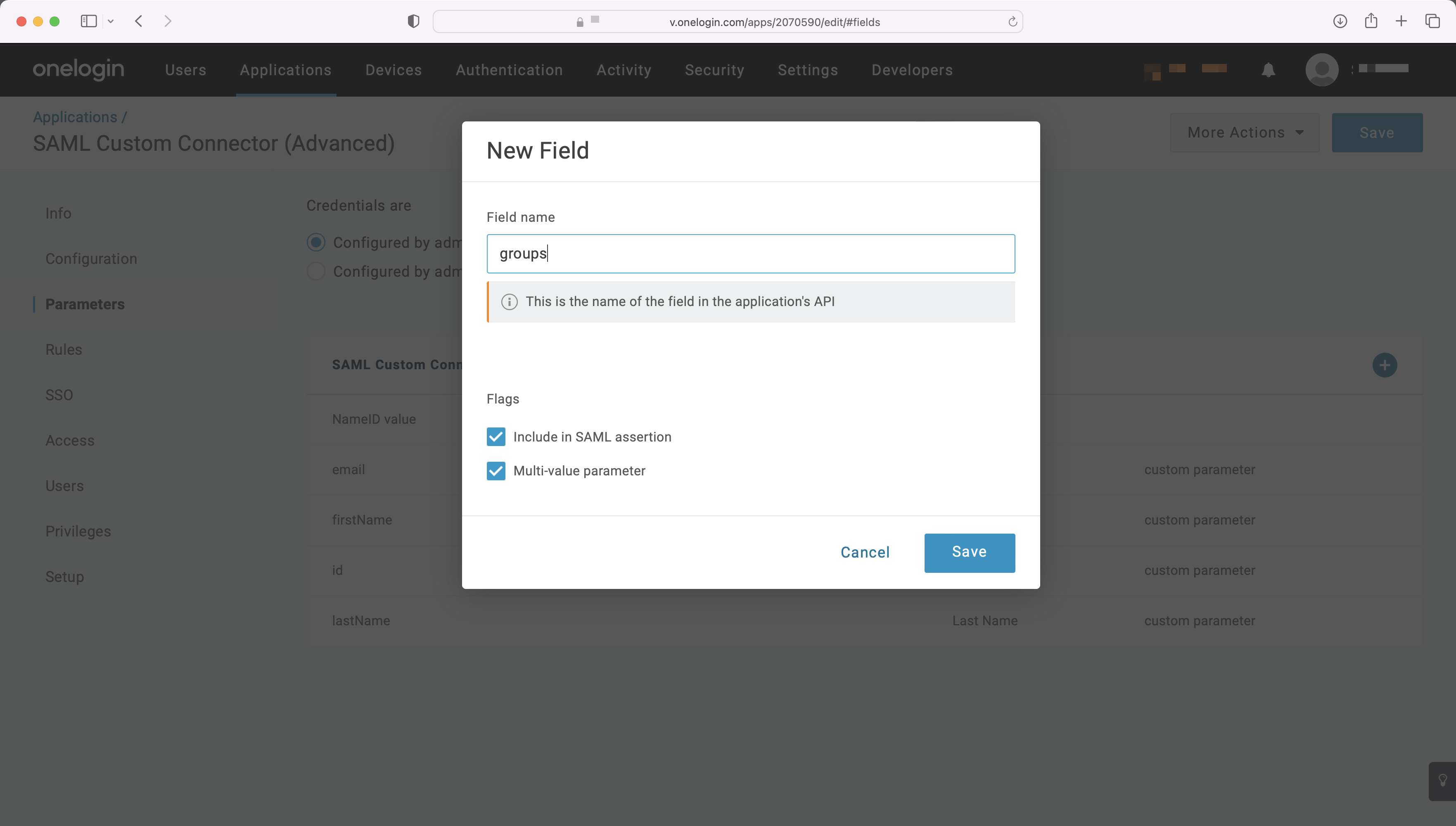 A screenshot showing where to add a groups parameter in the OneLogin Dashboard.
