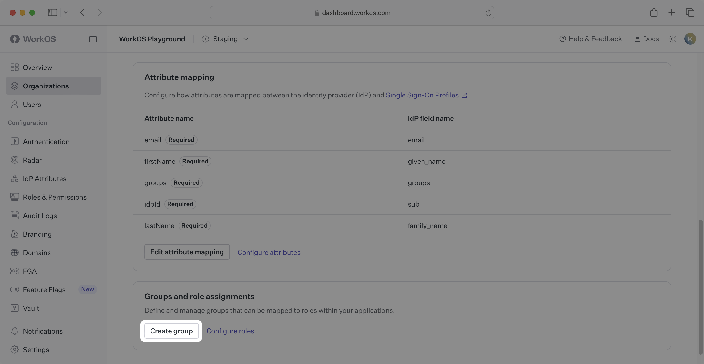 WorkOS dashboard highlighting create group button