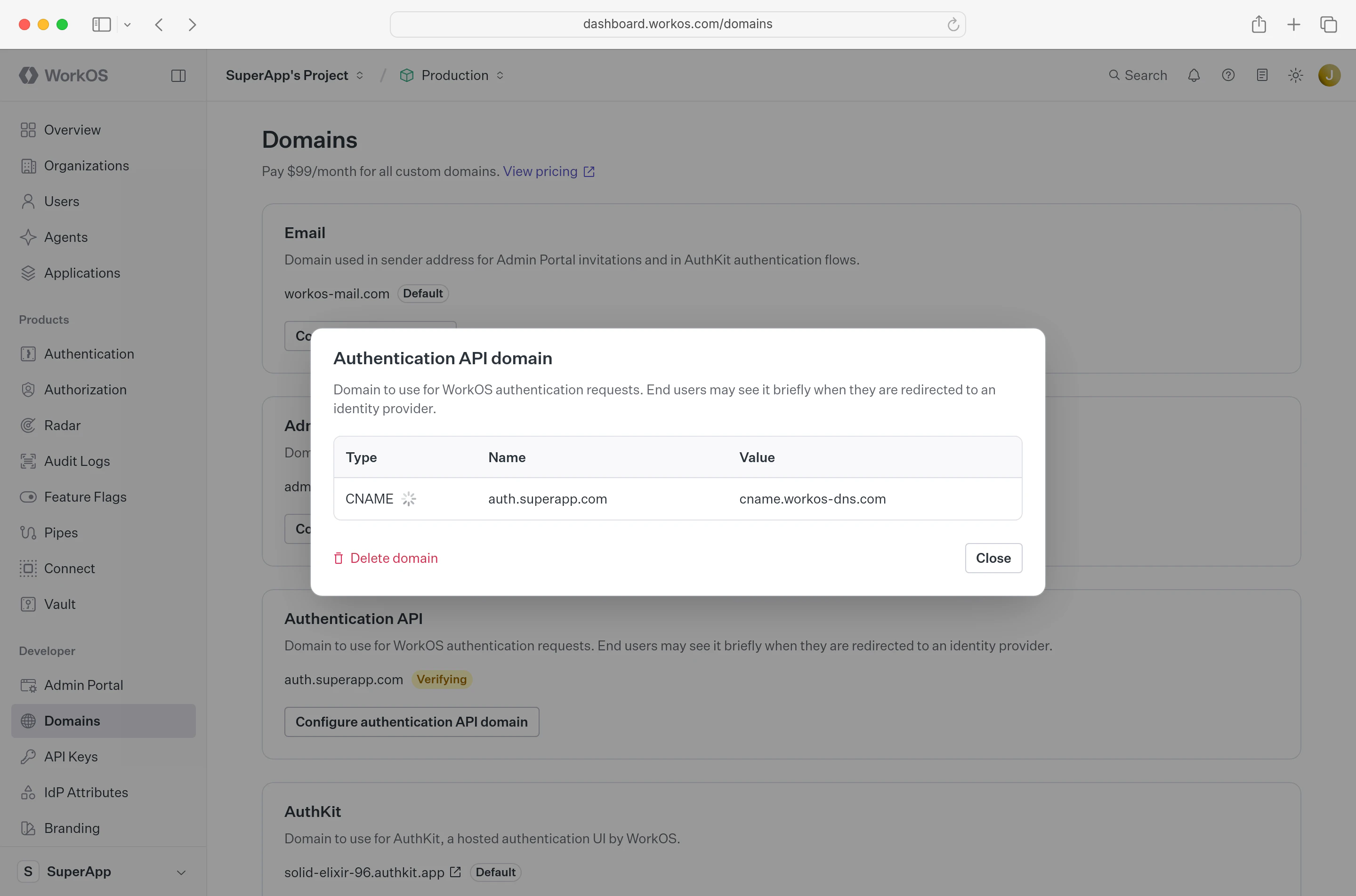 Dashboard displaying CNAME entries