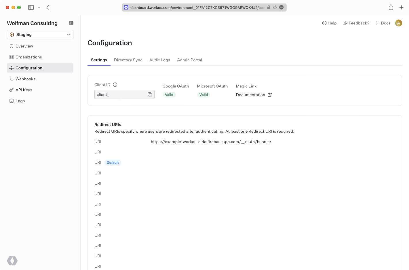 A screenshot showing where to enter the Redirect URI in WorkOS.