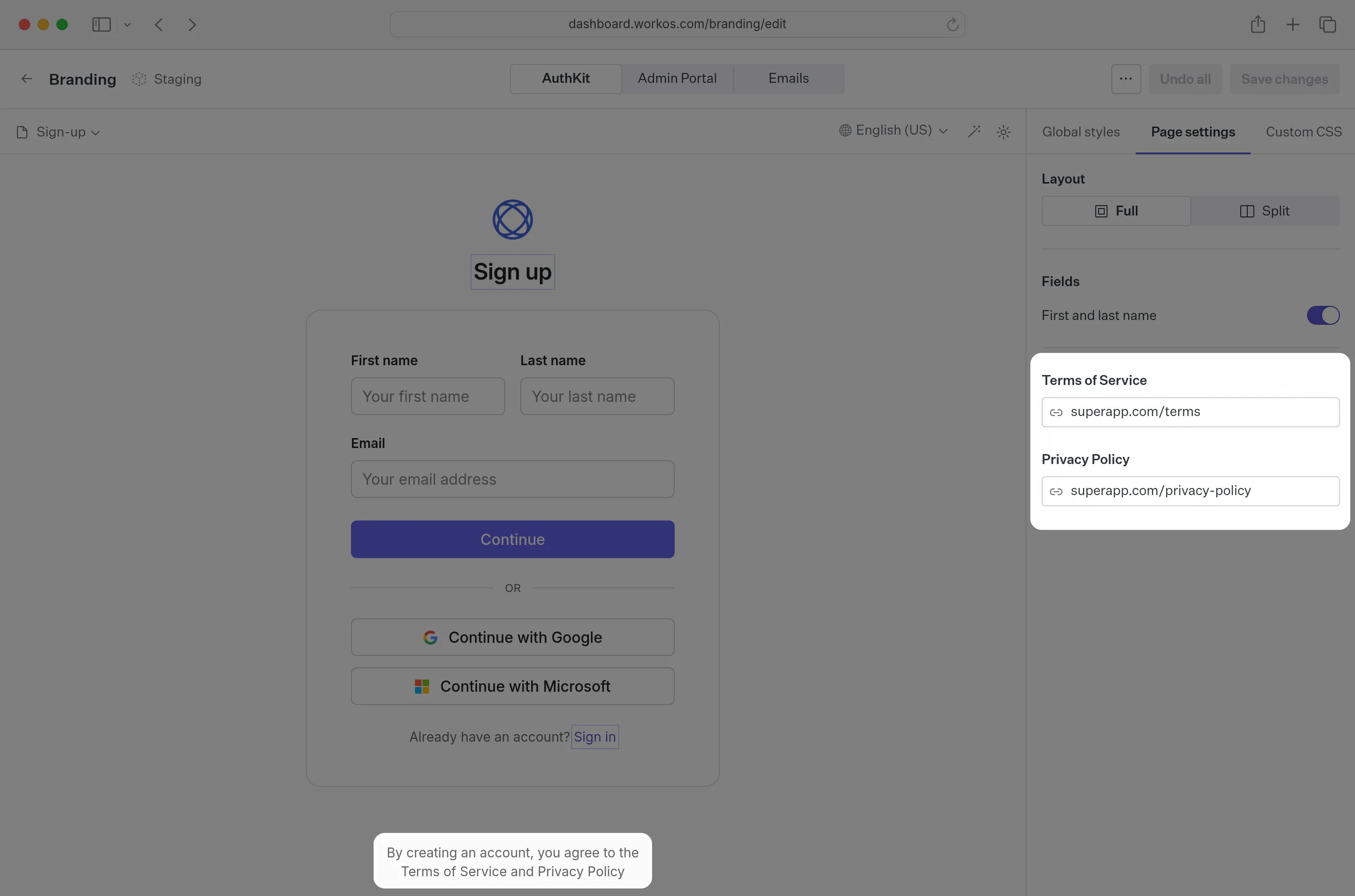 Terms of service and privacy policy links in the brand editor