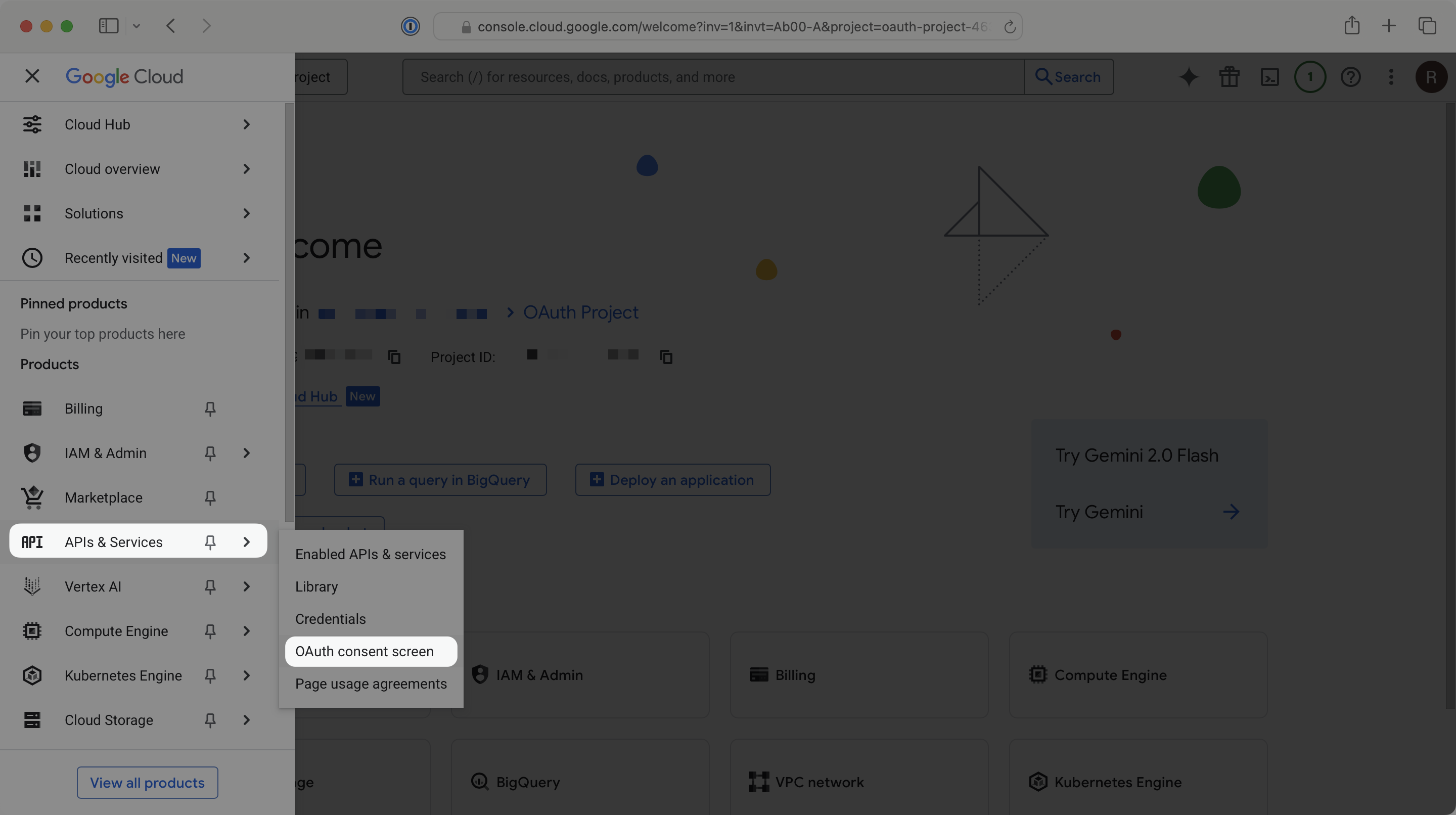 Where to find the OAuth Consent Screen option in the Google Cloud Platform Console Dashboard.