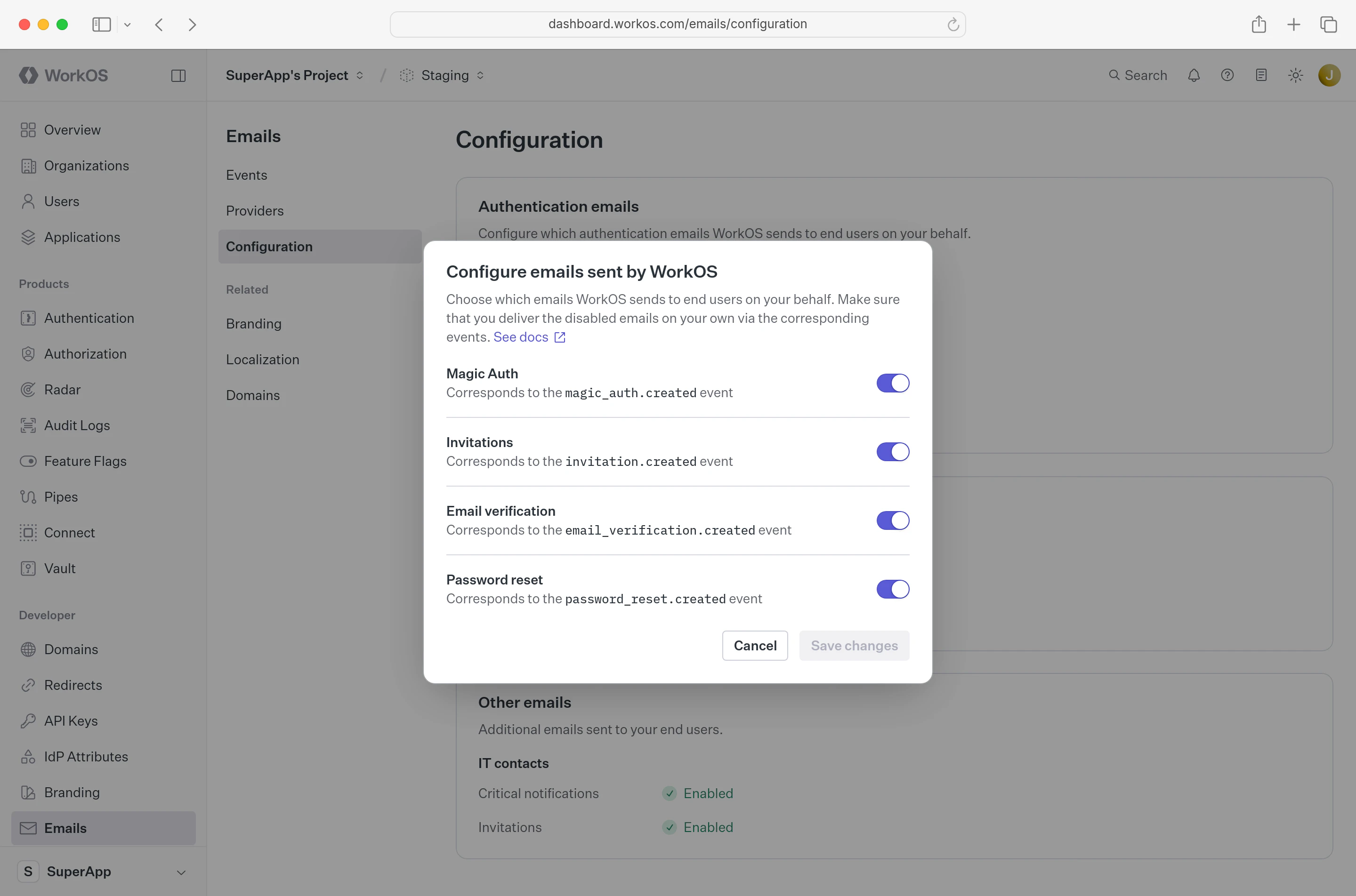A screenshot showing the WorkOS Dashboard dialog for email settings