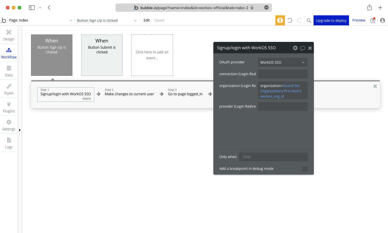 A screenshot showing how to enter the parameter values in a Bubble workflow.