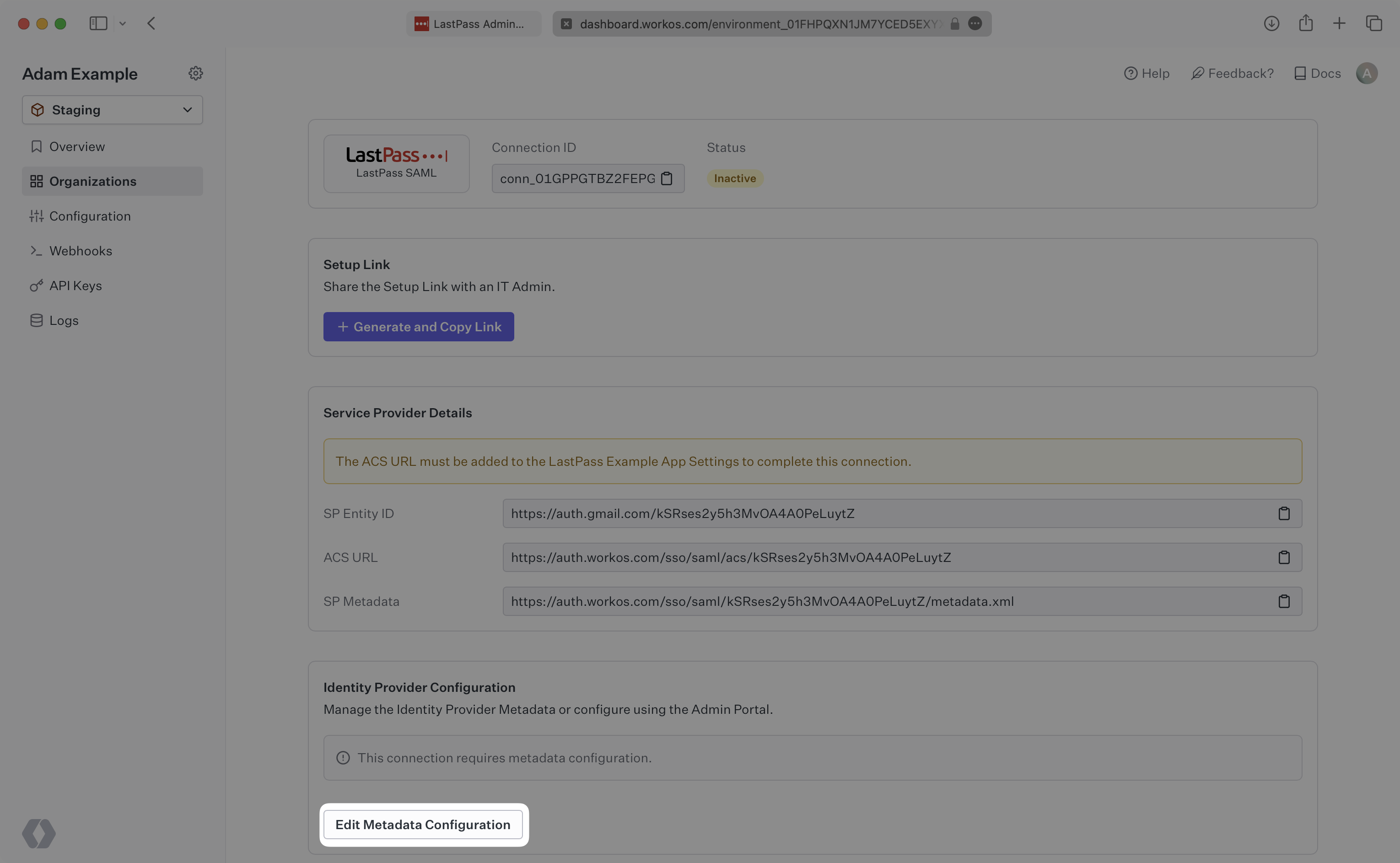 A screenshot showing where to edit Metadata Configuration in WorkOS Dashboard.