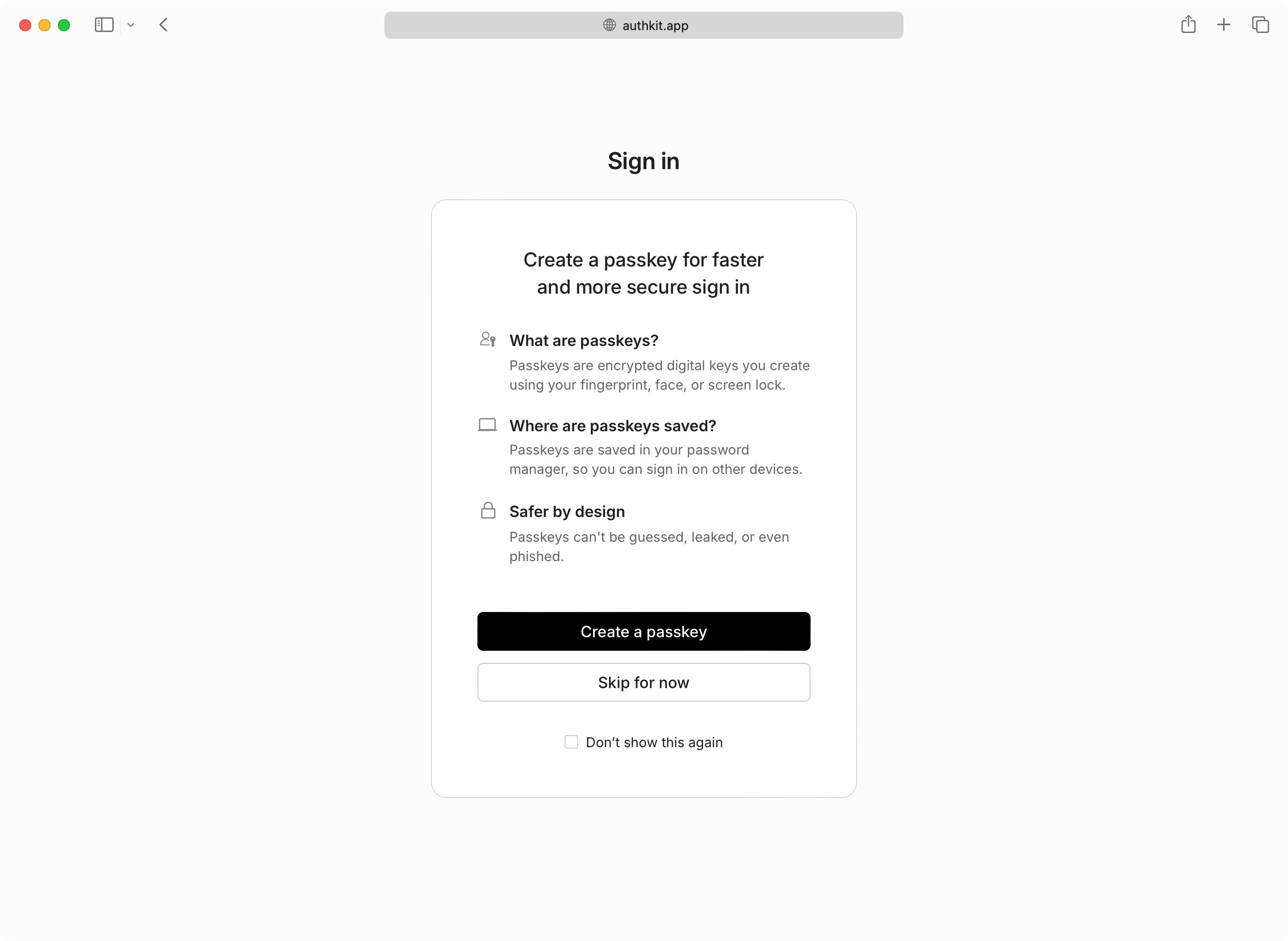 AuthKit displaying the passkey progressive enrollment prompt.