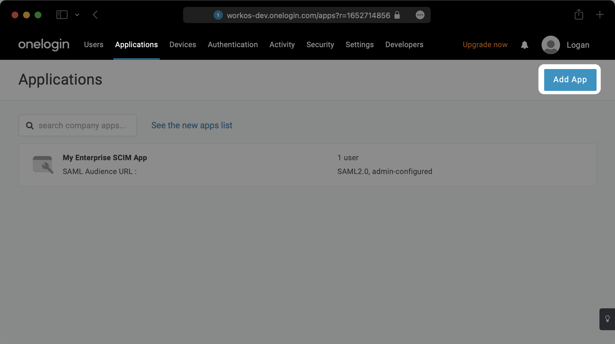 A screenshot showing where to select "Add App" in OneLogin