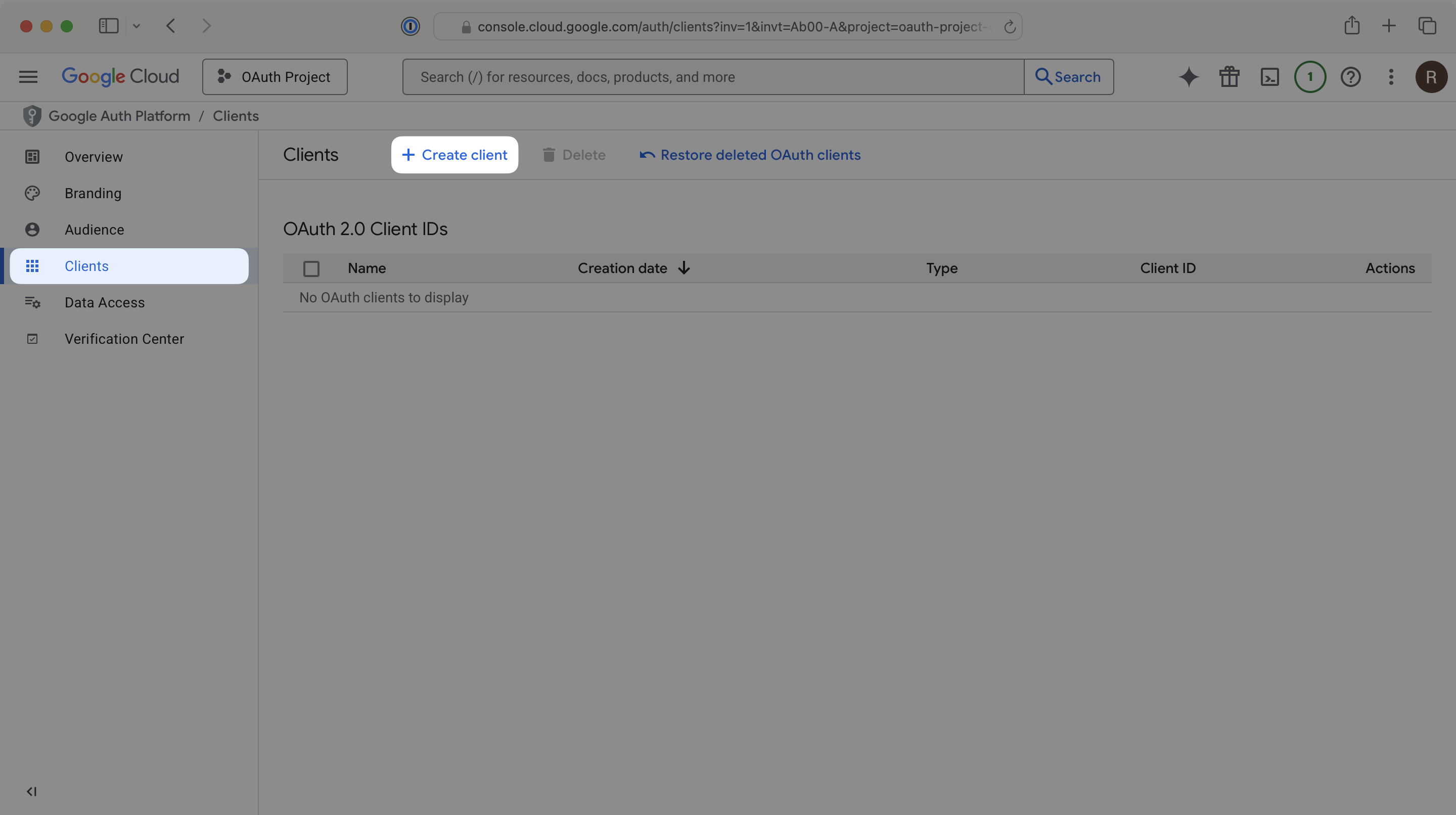 How to create a new client in the Google Cloud Platform Console Dashboard.