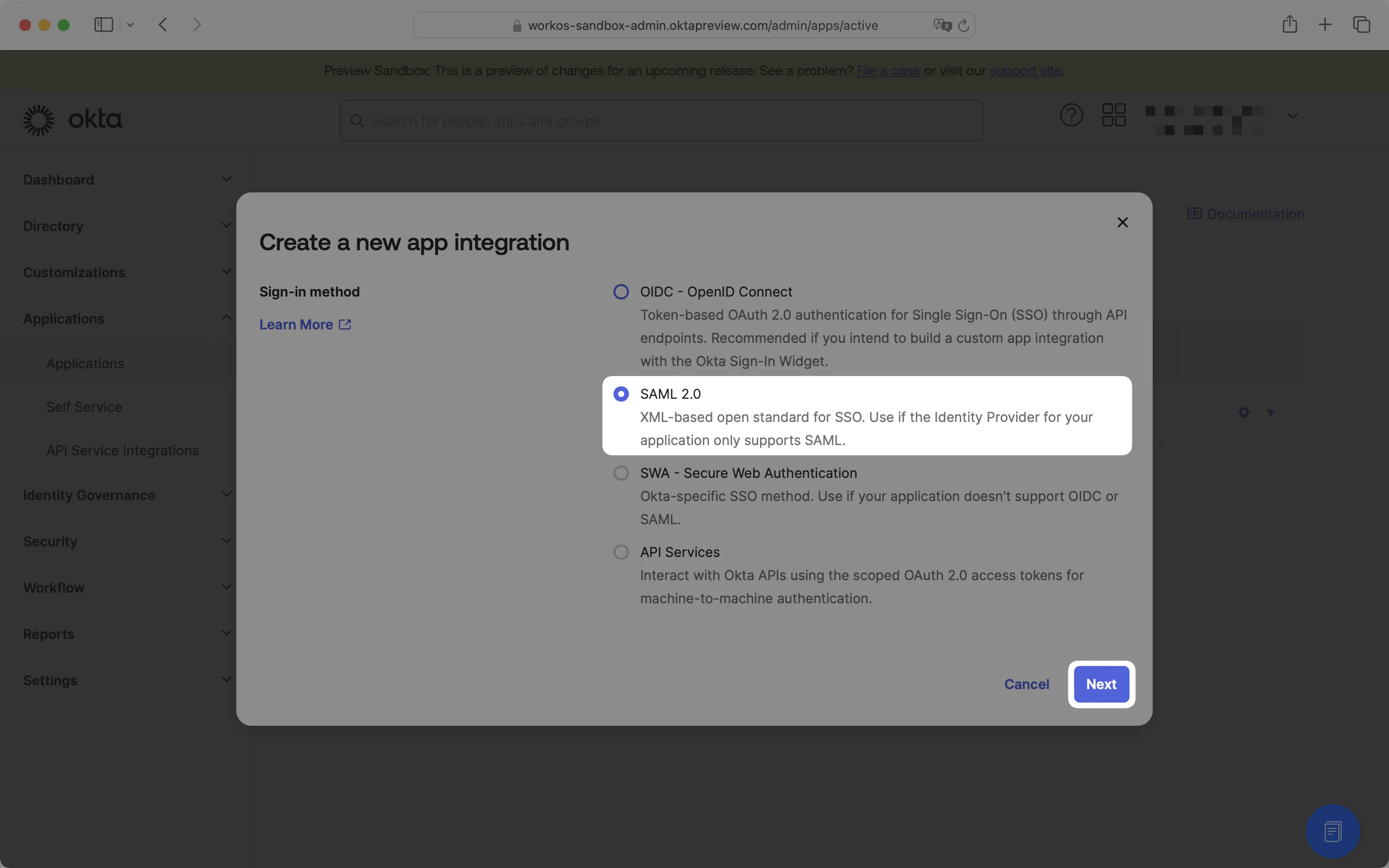 A screenshot showing the sign-in method selection in the Okta Dashboard.
