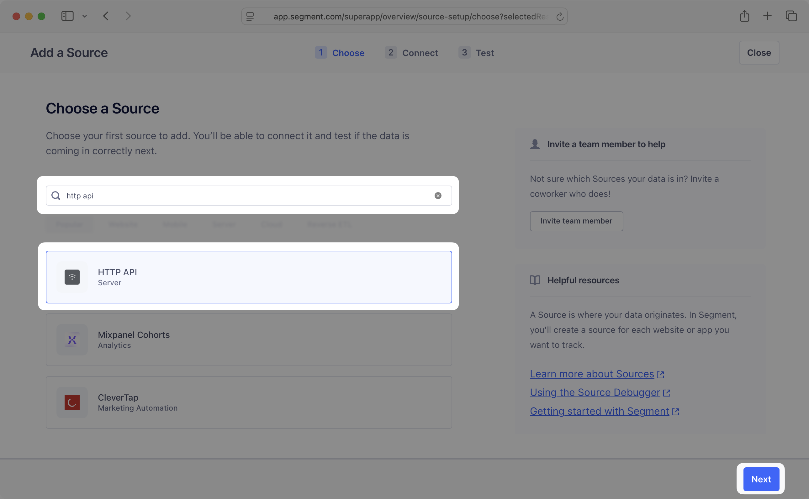 HTTP API source in Segment