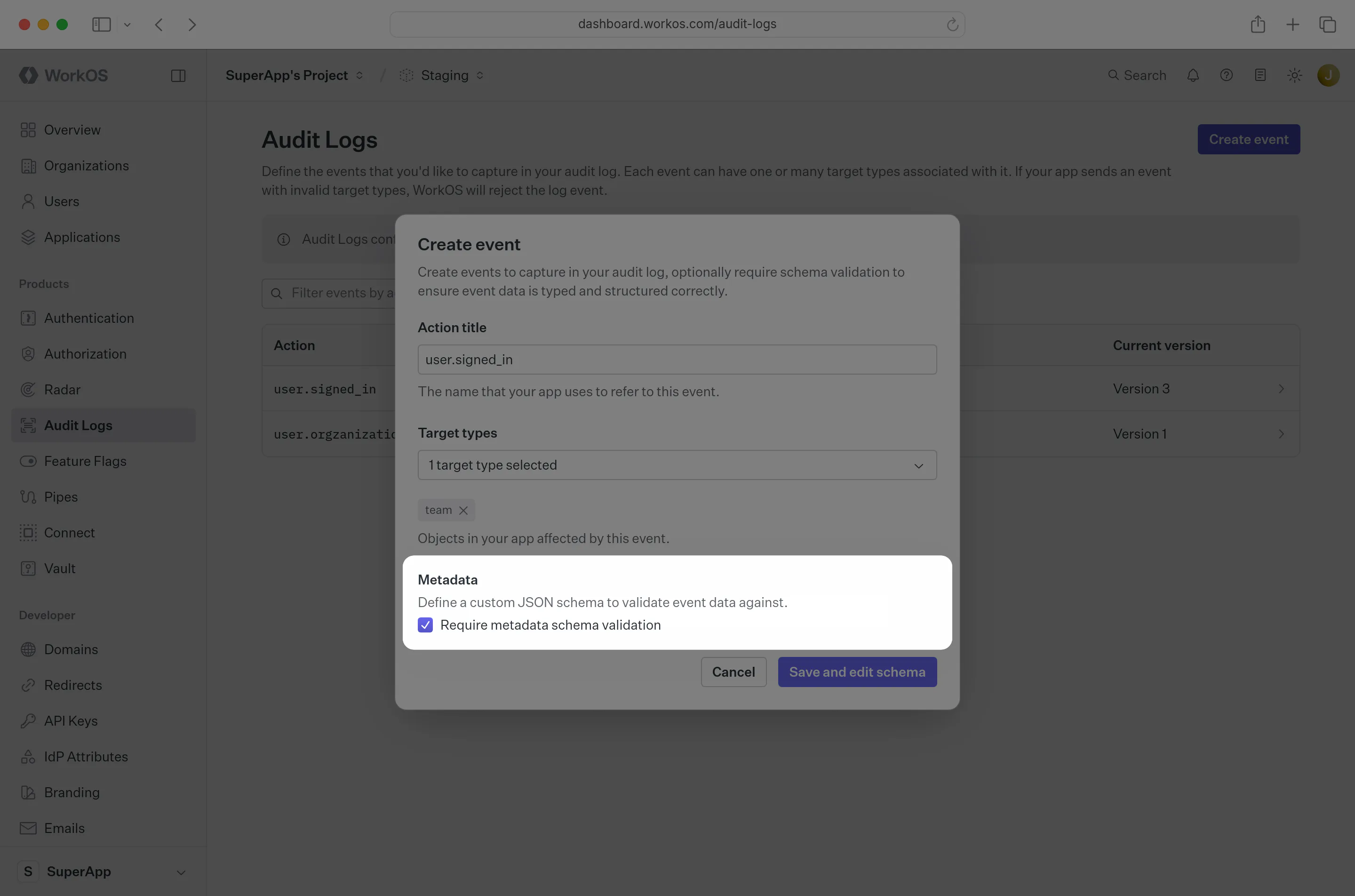 A screenshot showing how to require metadata schema validation in the WorkOS Dashboard.