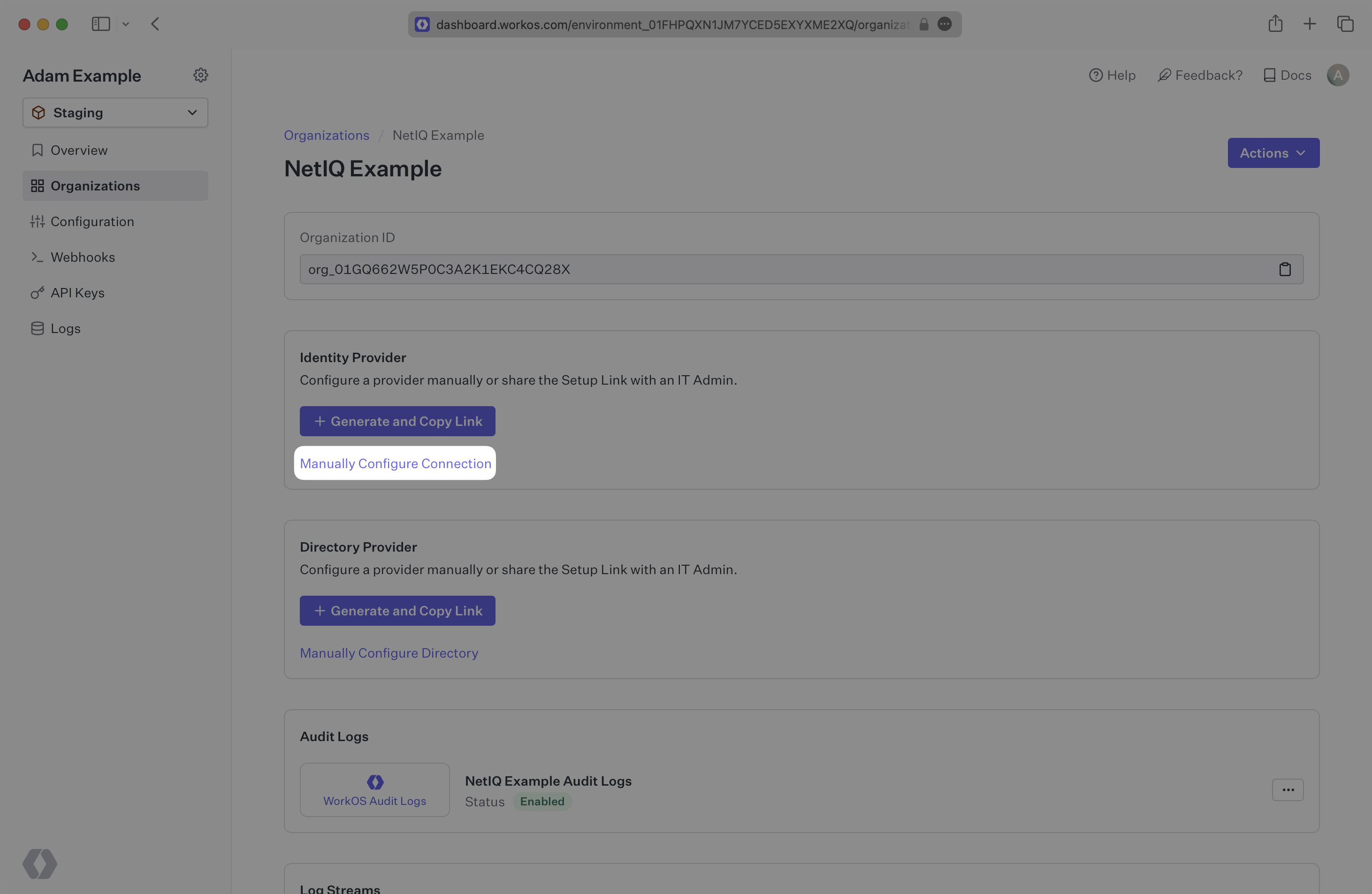 A screenshot showing where to find "Manually Configure Connection" in the WorkOS Dashboard.