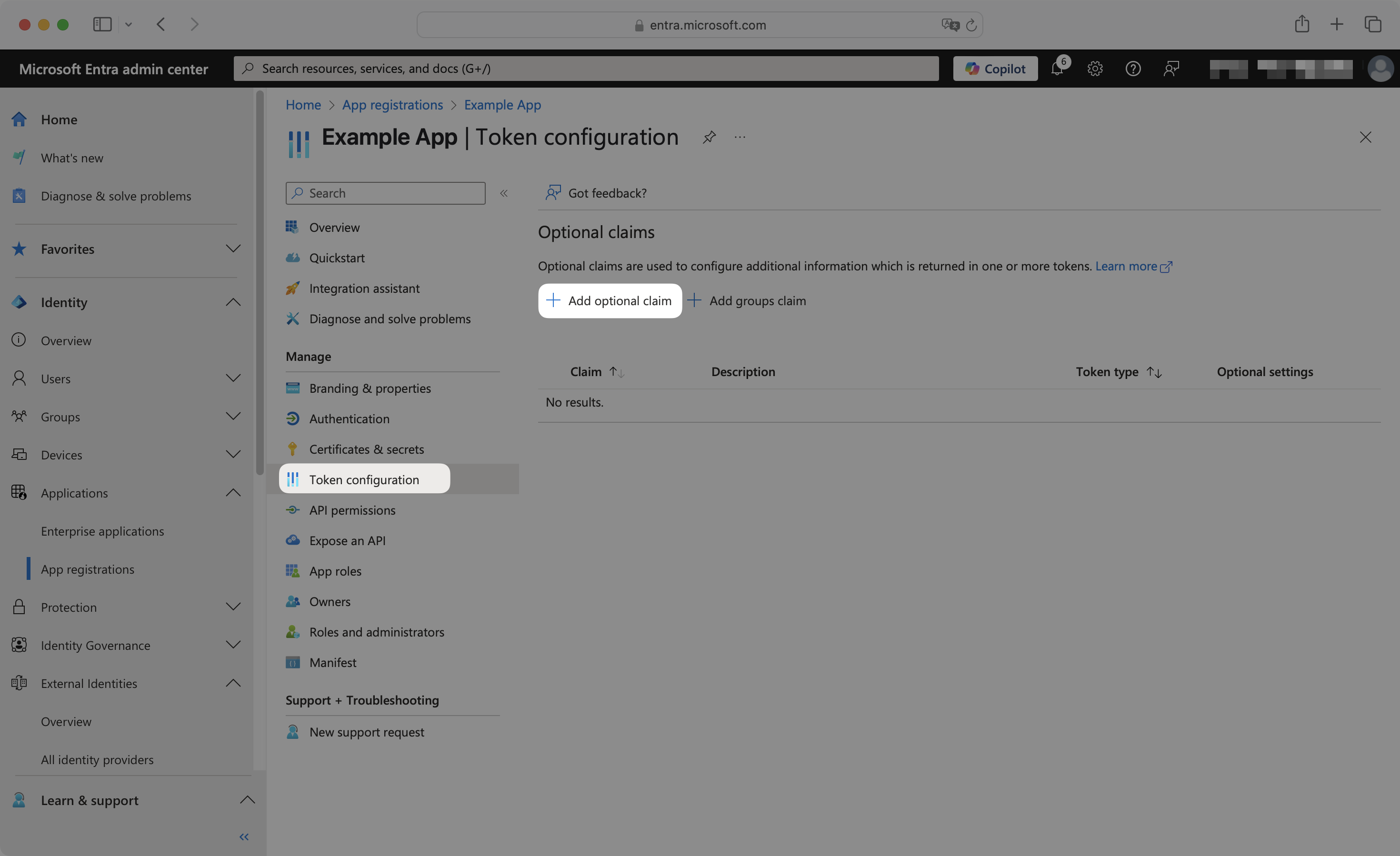 Token configuration page with "Add optional claim" button