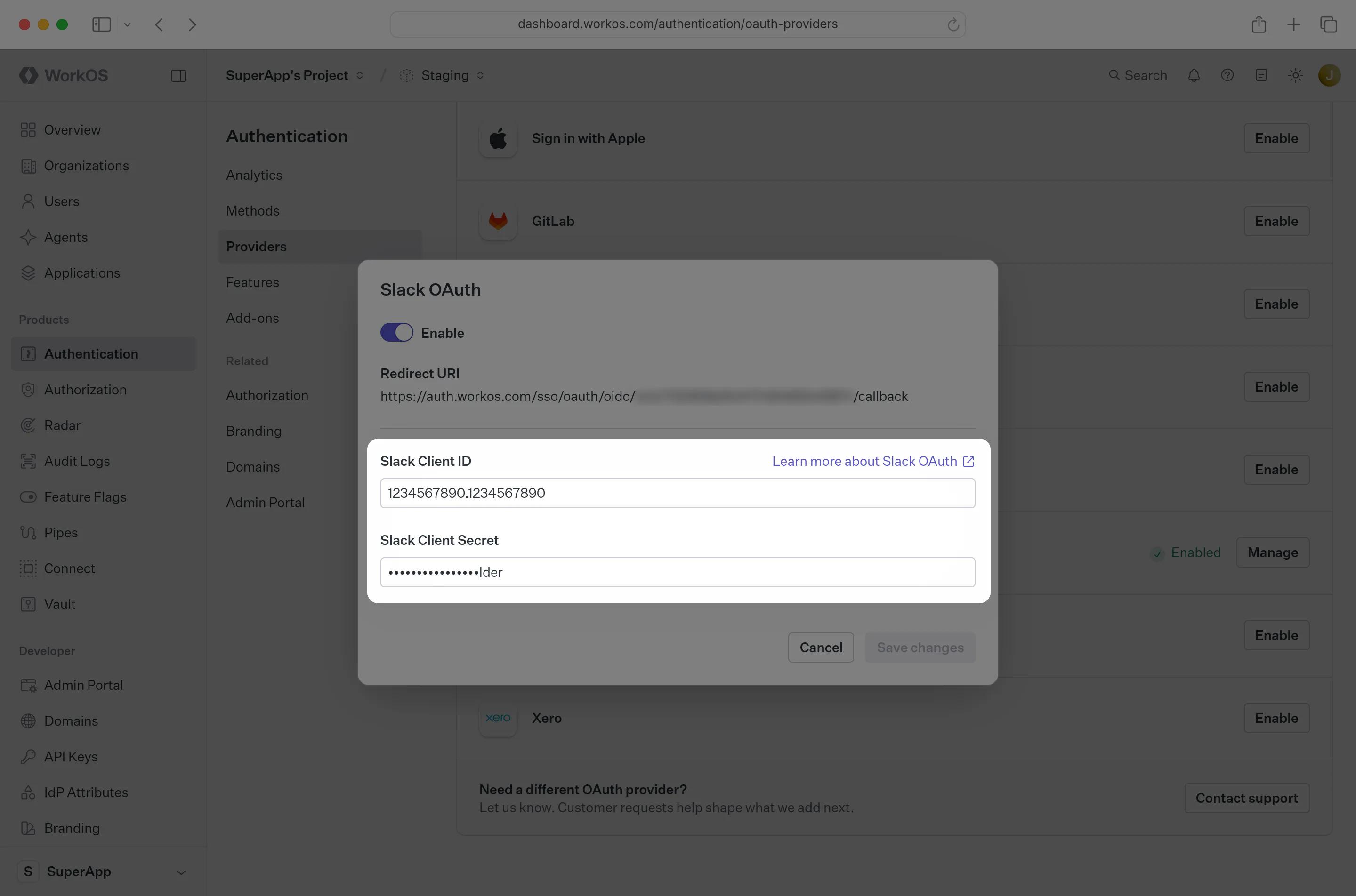 The WorkOS dashboard with the Slack OAuth connection enabled.