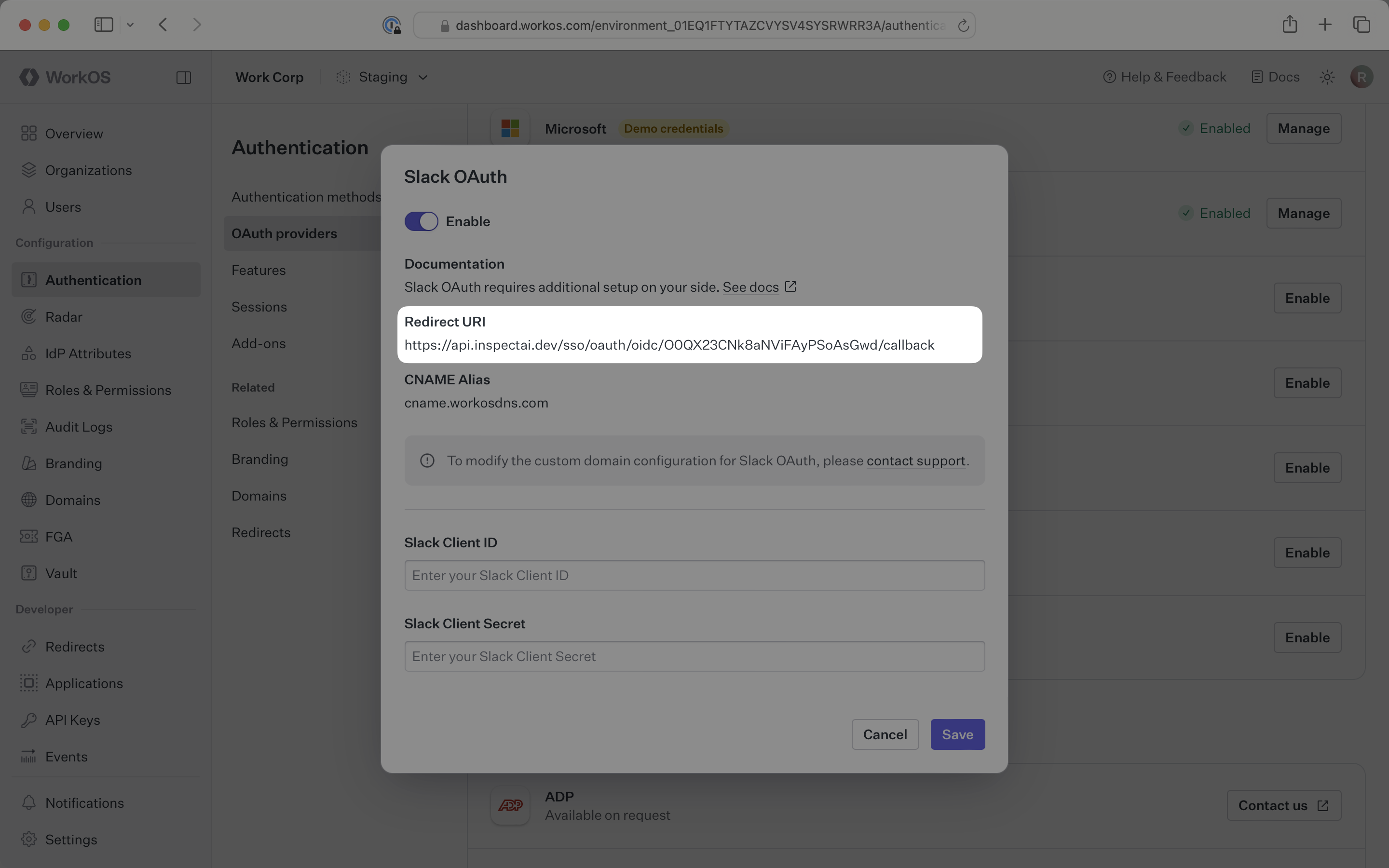 Slack OAuth Redirect URI in the WorkOS Dashboard.