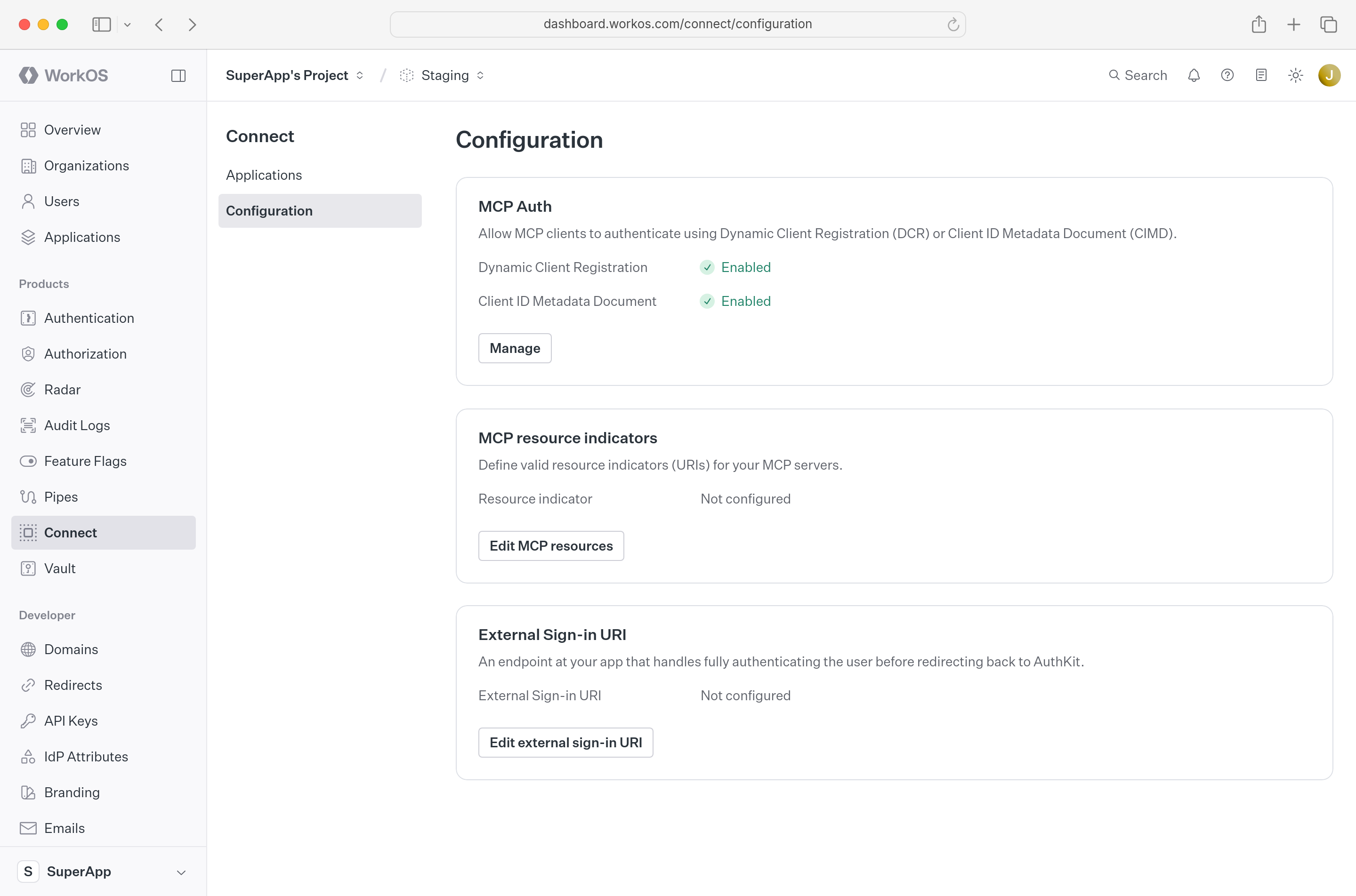 A screenshot of the Connect Configuration page in the WorkOS Dashboard.