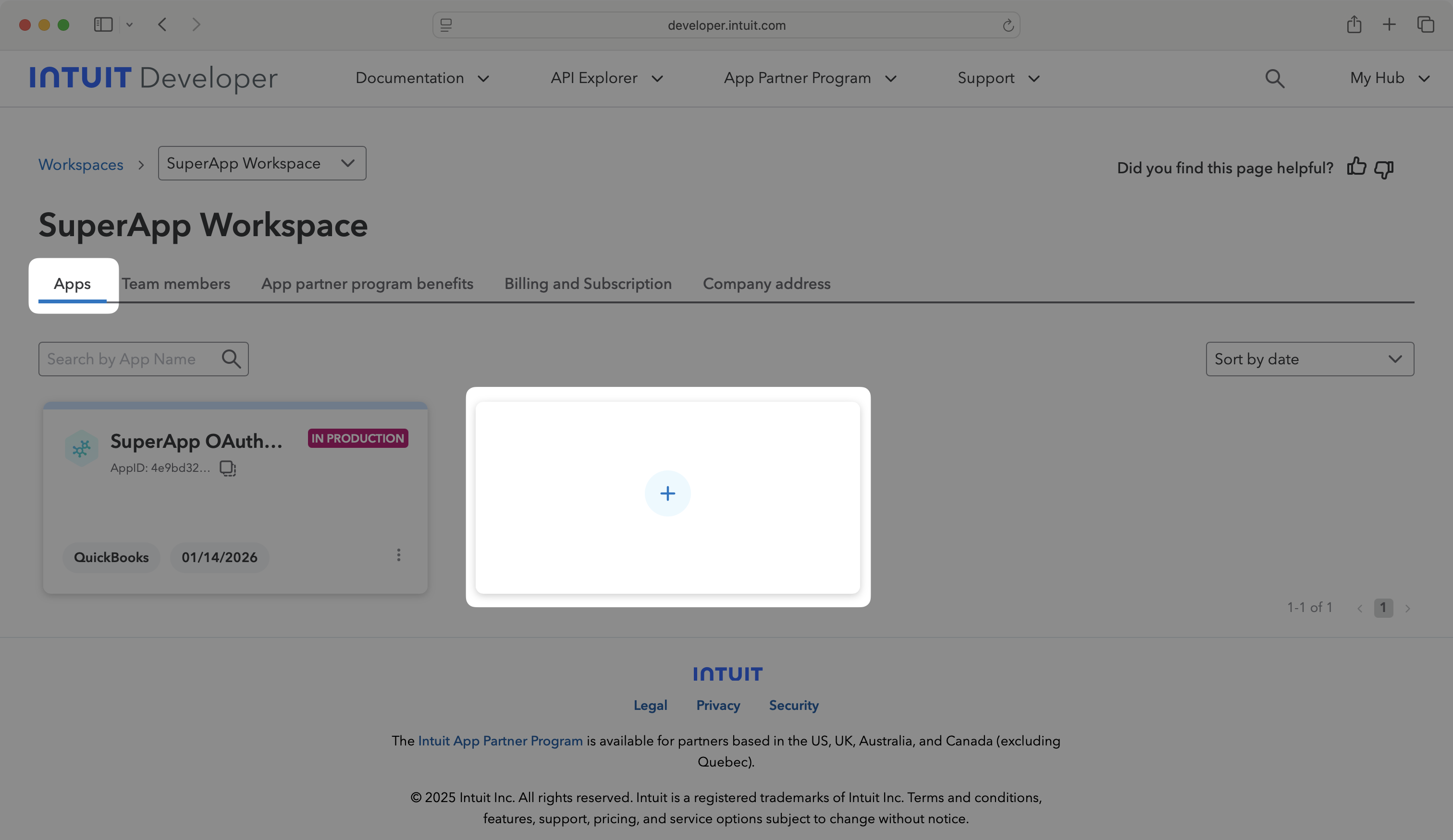 Intuit Apps page with Create tile