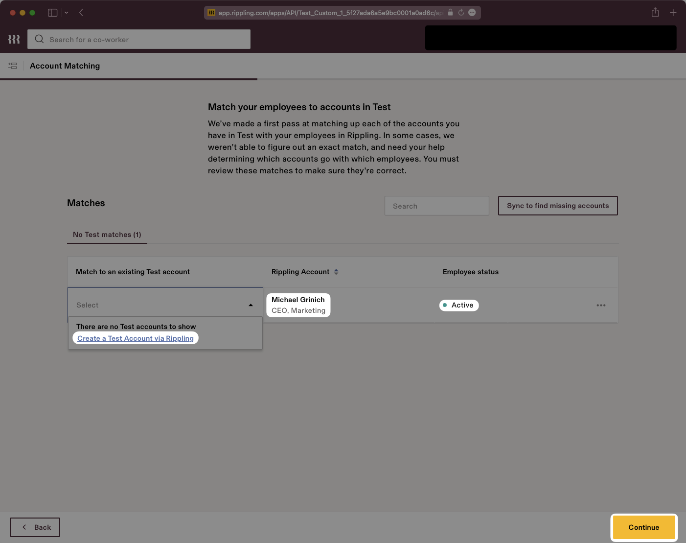 A screenshot showing where to match Rippling users to an account in Rippling.