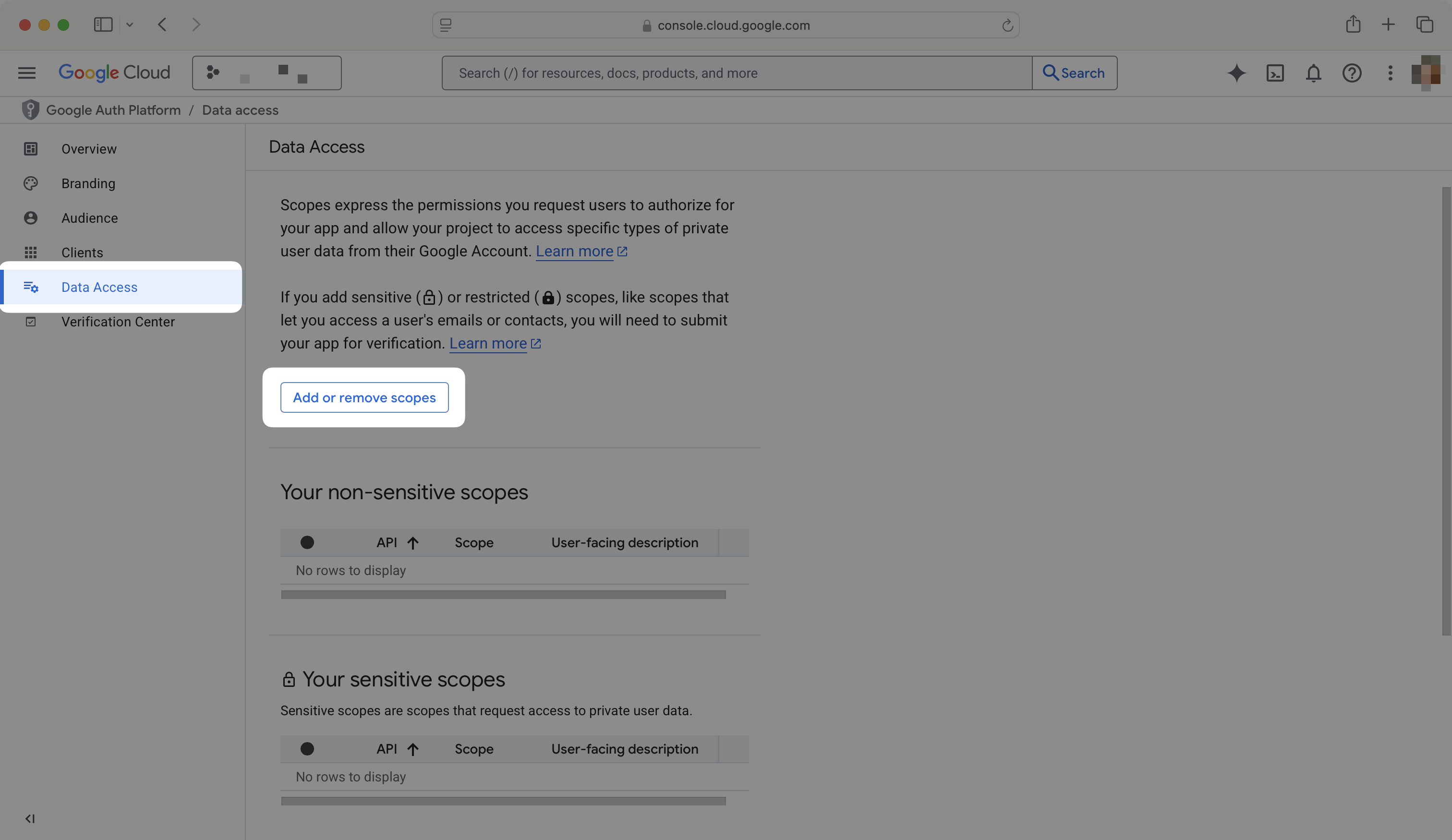 A screenshot showing Google OAuth scopes configuration in the Google Cloud Console