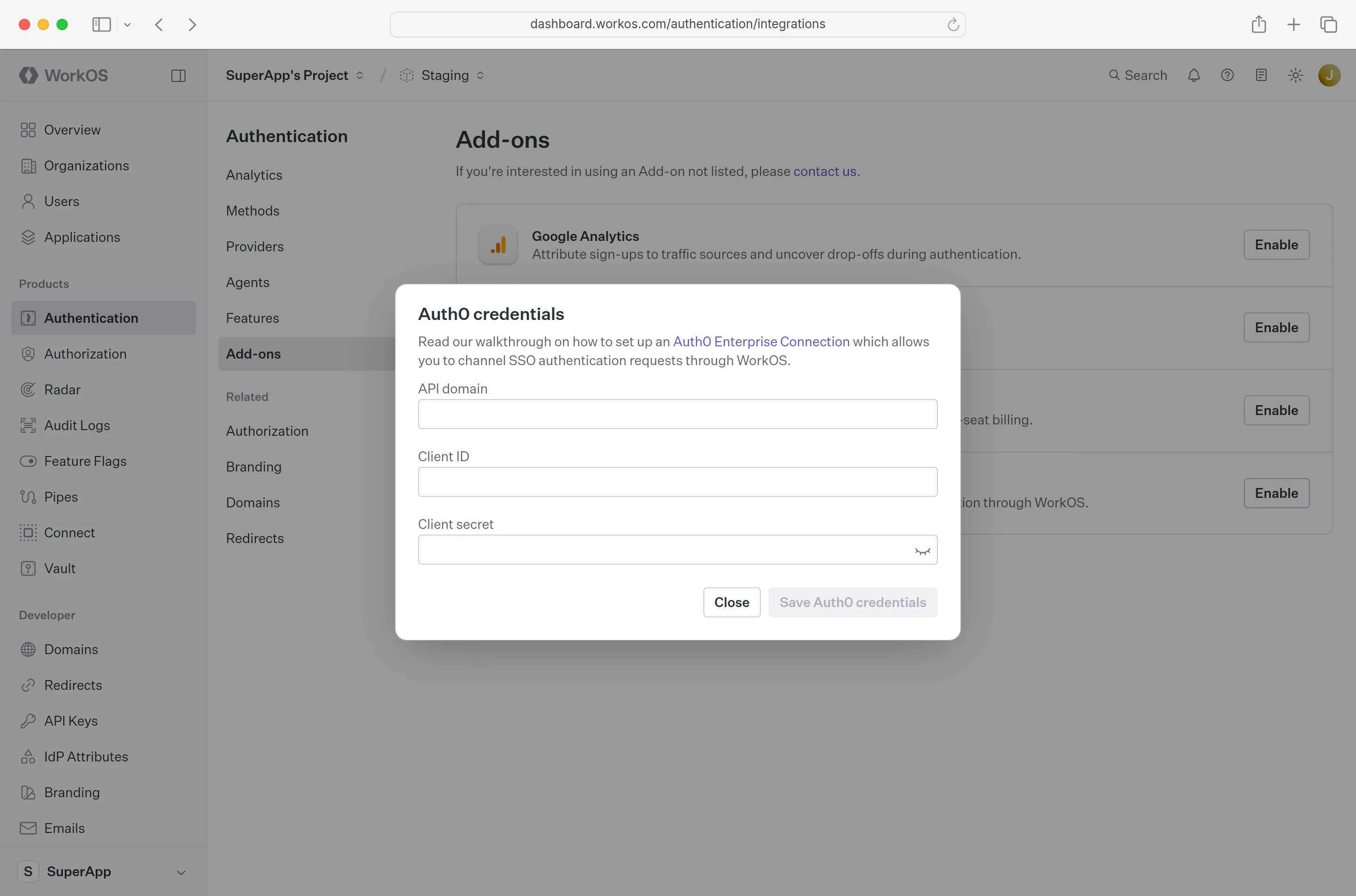 A screenshot showing the “Auth0 Credentials” form in the WorkOS dashboard.