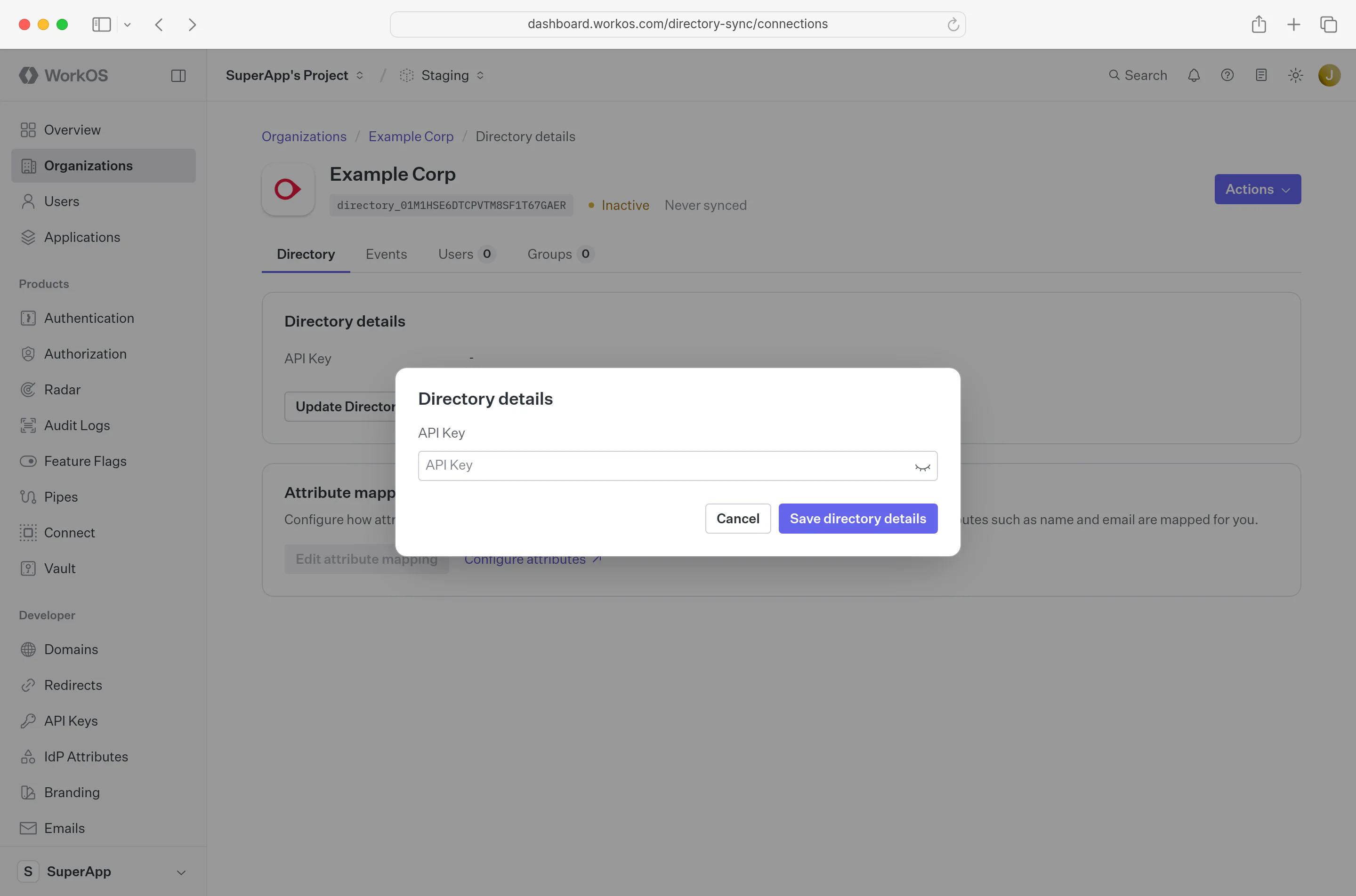 A screenshot showing where to enter your API Key in the WorkOS Dashboard.